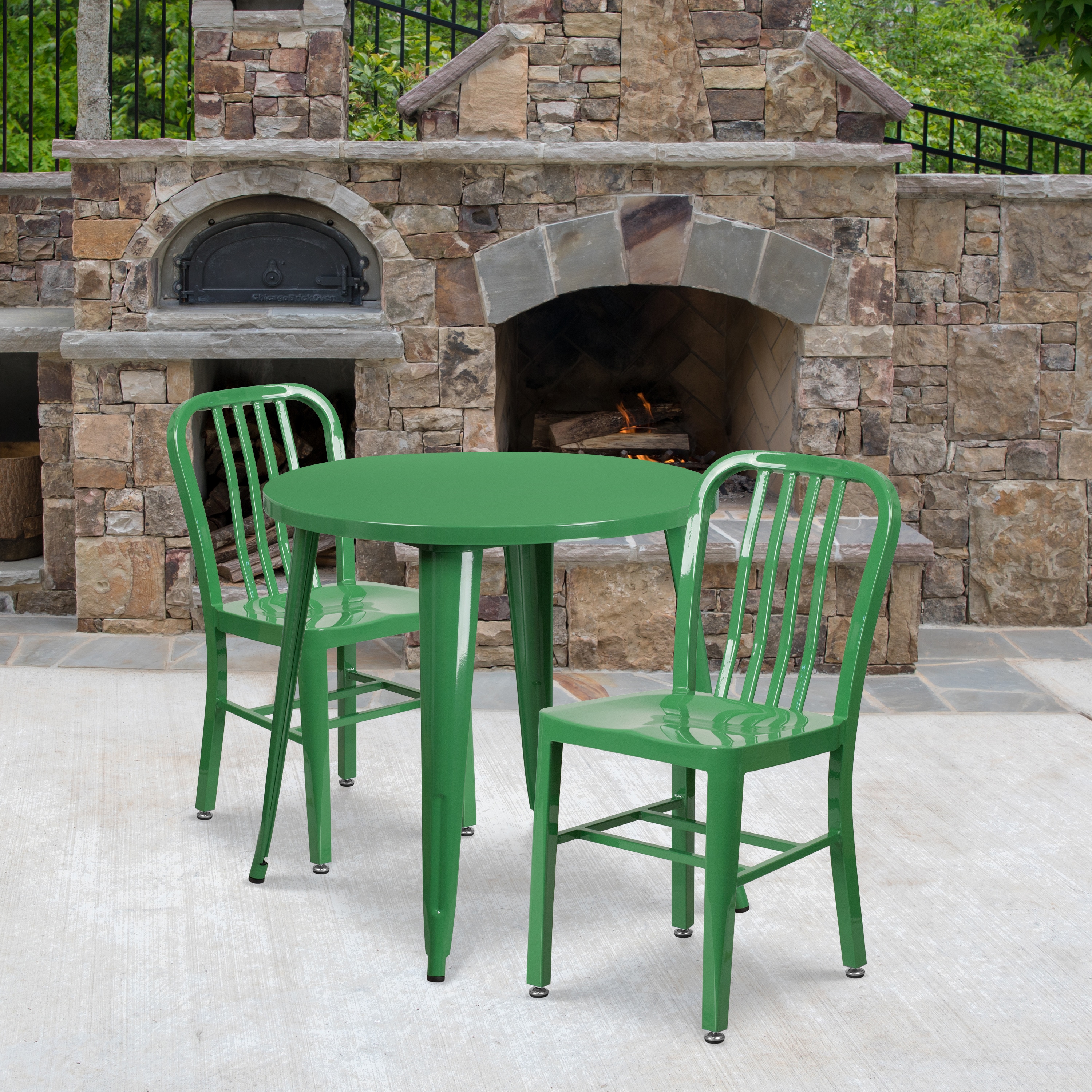 Flash Furniture 889142081241 Craig Commercial Grade 30-in Round Green Metal Indoor-Outdoor Table Set with 2 Vertical Slat Back Chairs