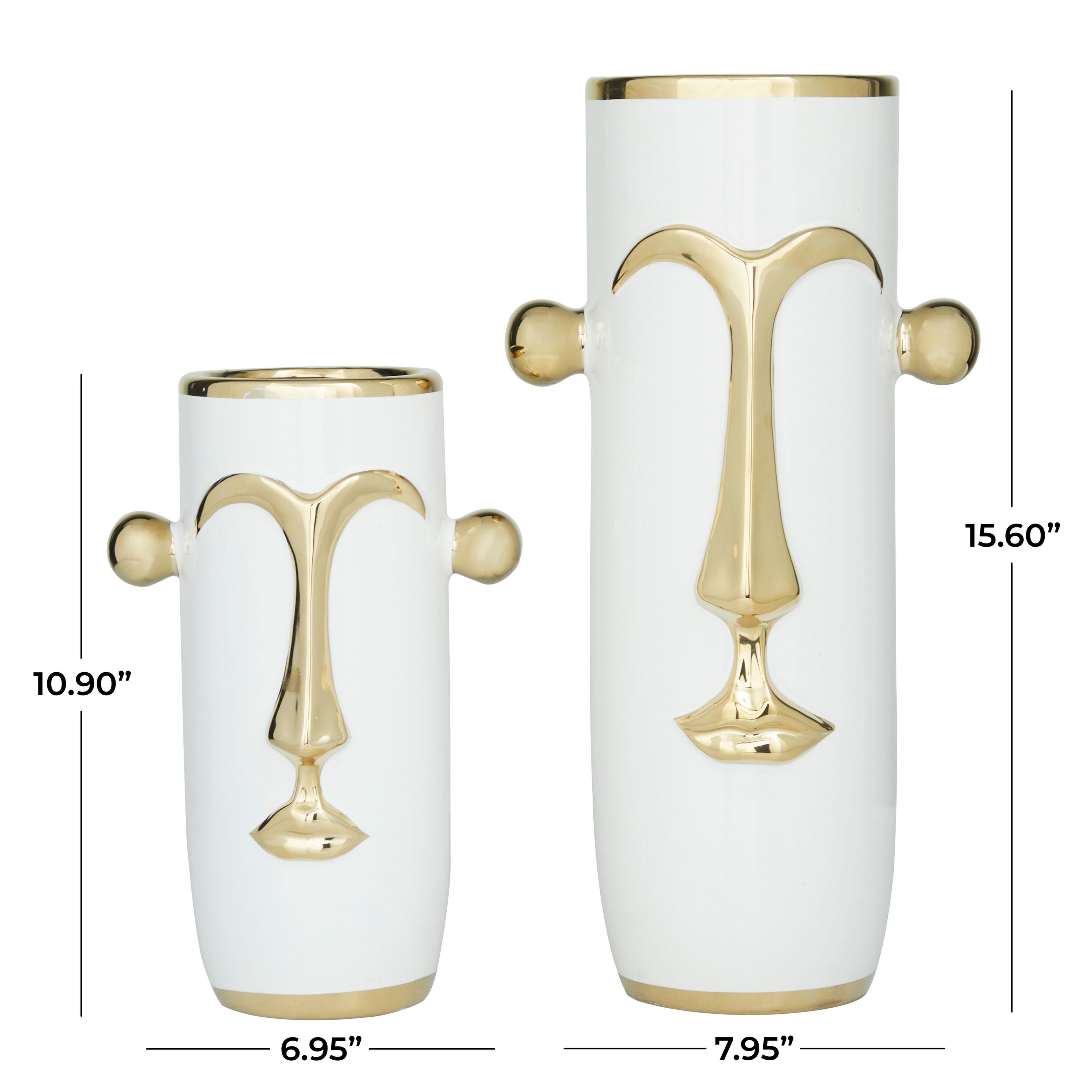 Contemporary White Ceramic Table Vase Set with Gold Accents, 16" and 11"H