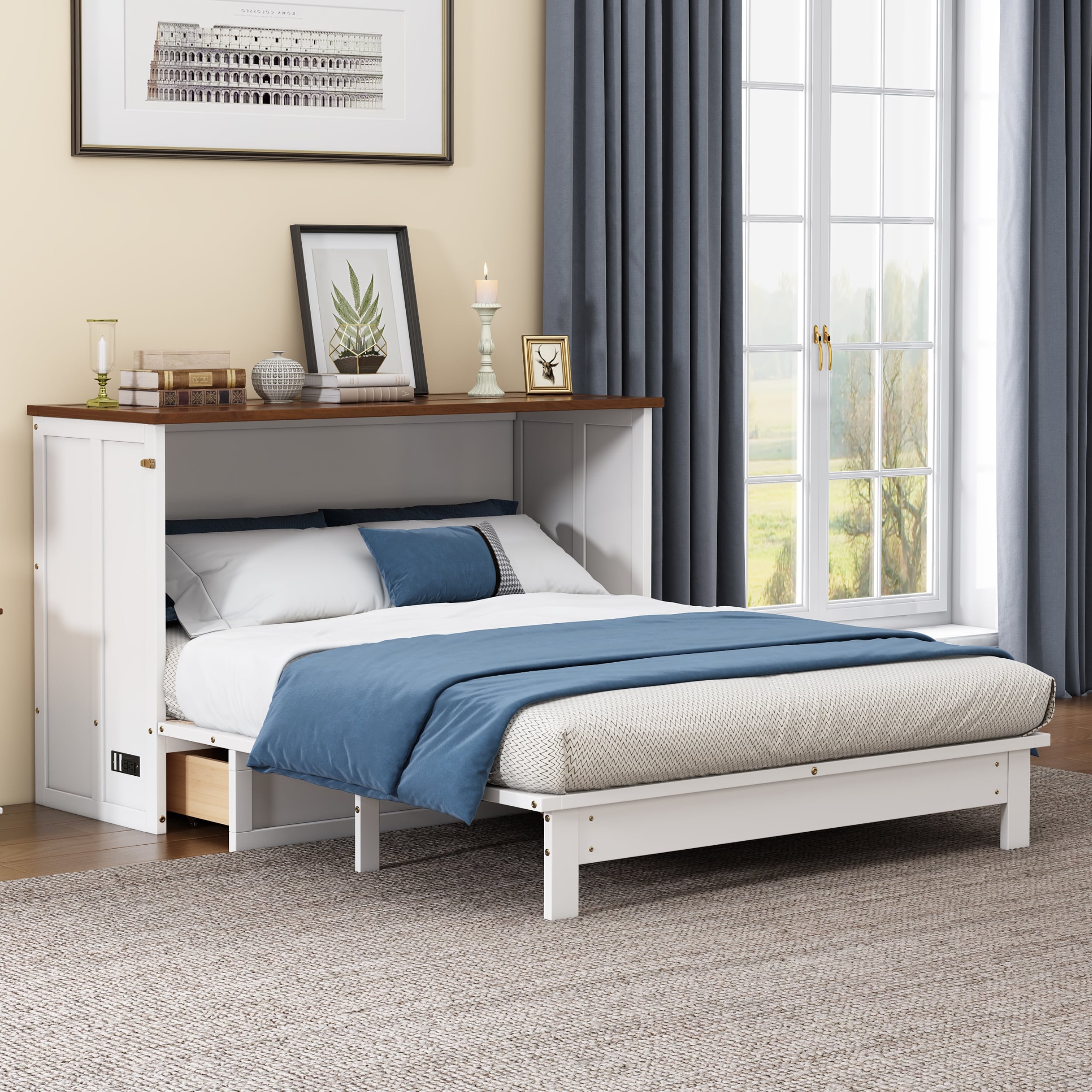 ModernLuxe BS701P176333K Solid Pine Murphy Bed Chest with Charging Station and Large Storage Drawer for Home Office or Small Room QueenWhiteWalnut