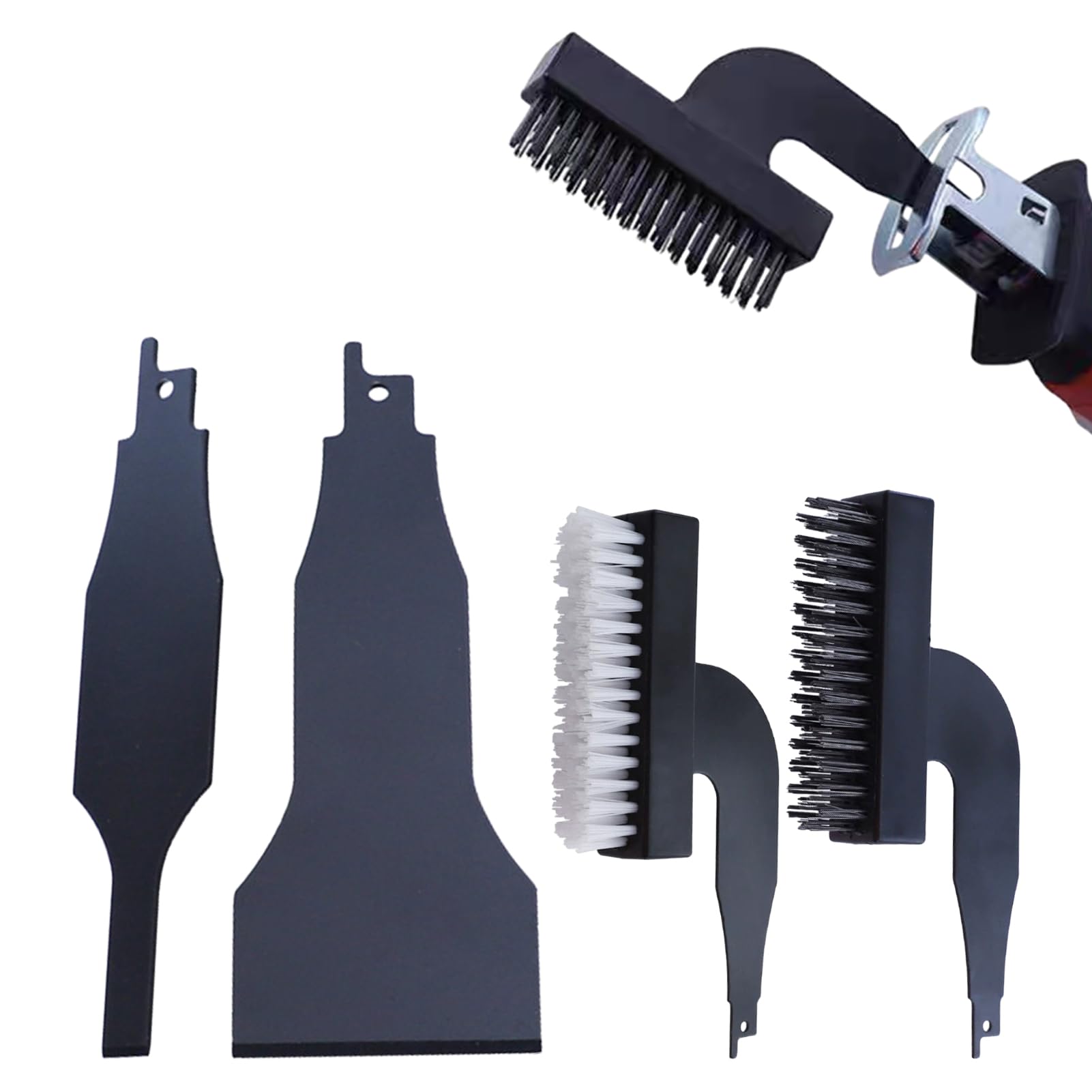 JVFCXXV  4 Piece Reciprocating Saw Spatula Brush Set with Nylon Steel Wire and Alloy Steel Heads for Tile Grout Rust and Mud Cleaning