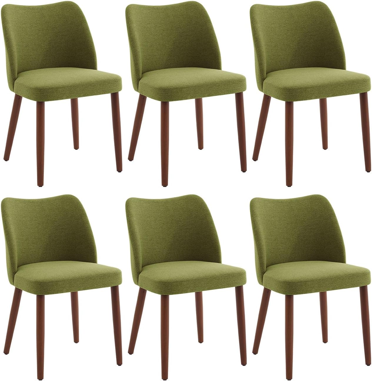 Qeetex LHF-CY-7BL115 Dining Chair Set of 6 - Linen Upholstered Dining Chair with Wood Legs - Wing Backrest - Wooden Kitchen Chair - Kitchen Chairs with Thick Cushions for Dining Room - Living Room - Green