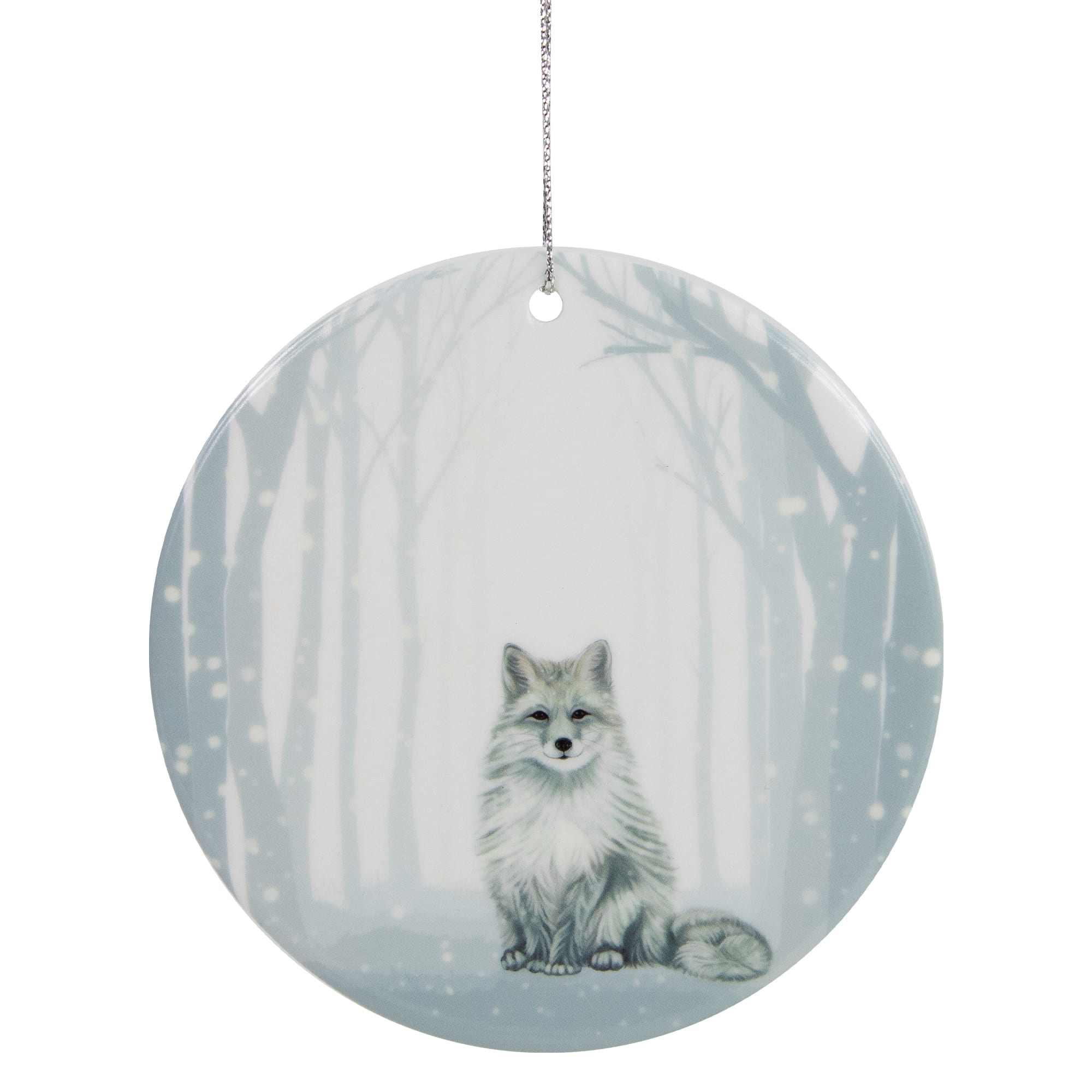 Northlight Arctic Fox Porcelain Disc Christmas Ornament - 4 inch - Silvery Blue