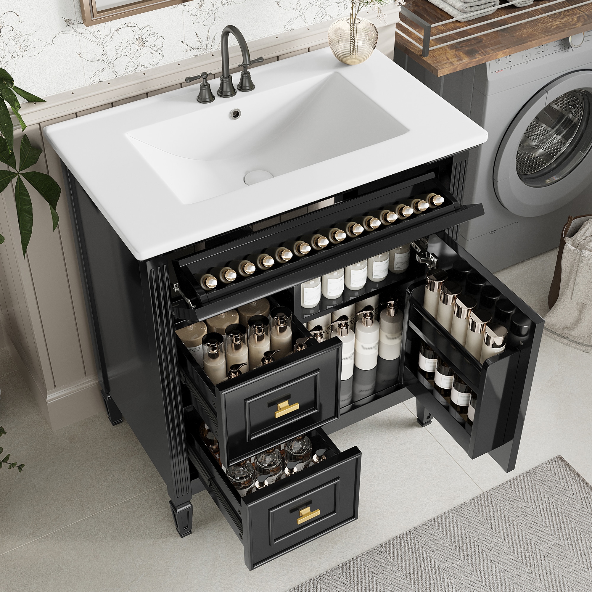 ModernLuxe L3P-N725P269701B 30inch Bathroom Vanity with Sink Bathroom Vanity Cabinet with One Flip Drawer and Two Drawers Adjustable Shelf Solid Wood and MDF Black