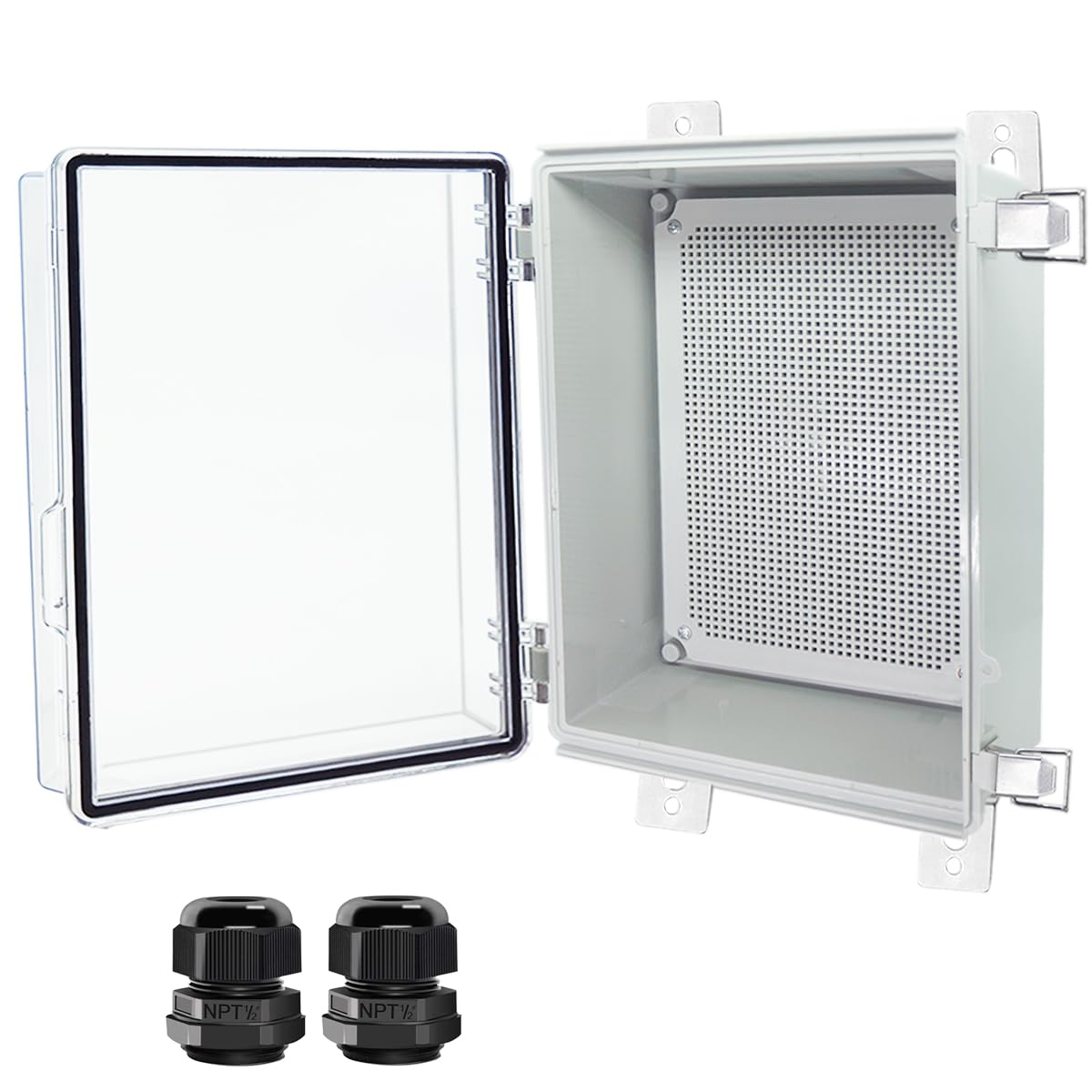 Lukvuzo Junction Box Hinged Clear Cover Stainless Steel Latch IP67 Waterproof ABS Project Box with 2 Cable Glands Electrical Box Enclosure with #LLU0817L142