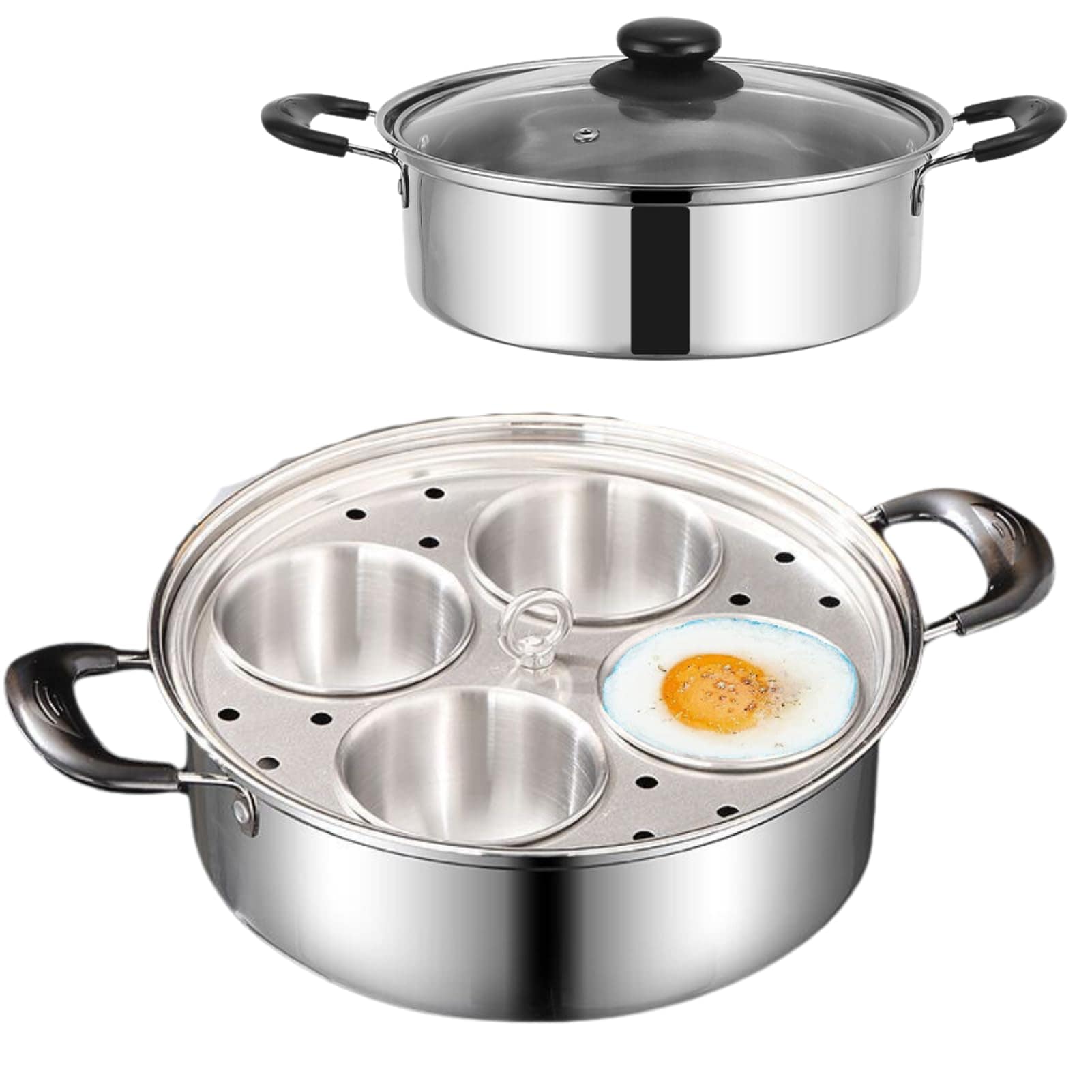 Aoibox Stainless Steel Egg Poacher Pan with 4 Removable Cups and Glass Lid for Poached Eggs #LABS6O4L