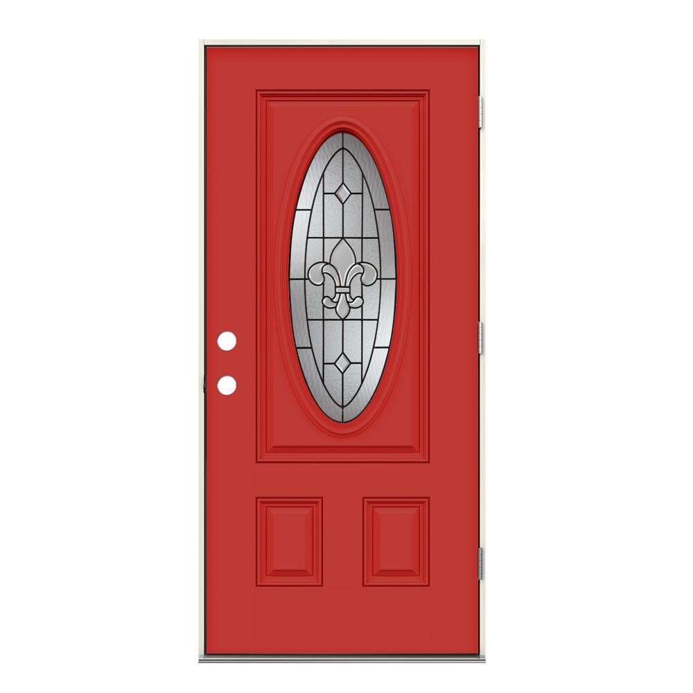 JELD-WEN LOWOLJW230400097 Nola 36-in x 80-in x 4-9/16-in Steel Oval Lite Left-Hand Outswing Persimmon Painted Prehung Front Door Insulating Core