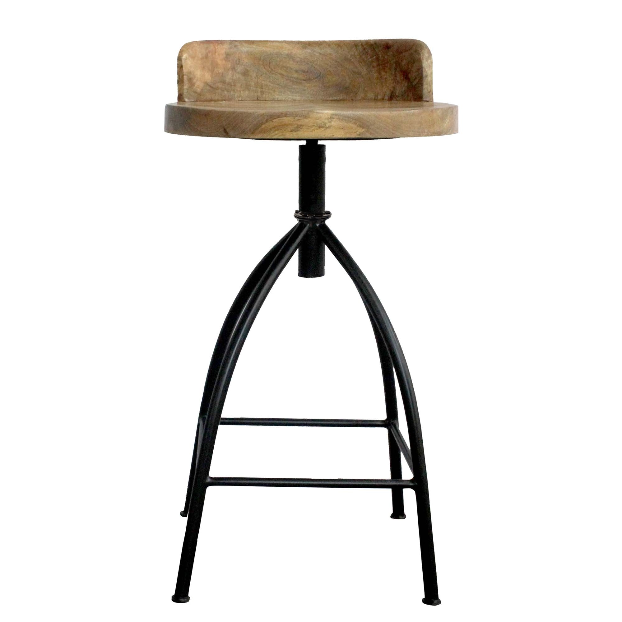 Adjustable Brown Mango Wood and Black Iron Swivel Bar Stool
