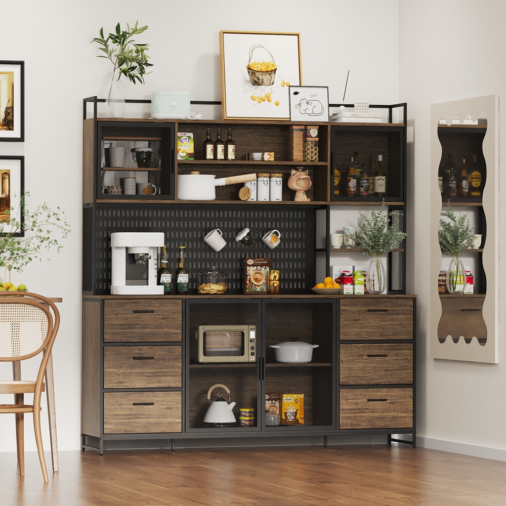Homsee C-KF210231-01-AB Wood Kitchen Storage Pantry Cabinet with Metal Mesh Doors 6 Drawers and Storage Shelves for Dining Room 70.9''L x 15.7''W x 68.5''H Brown