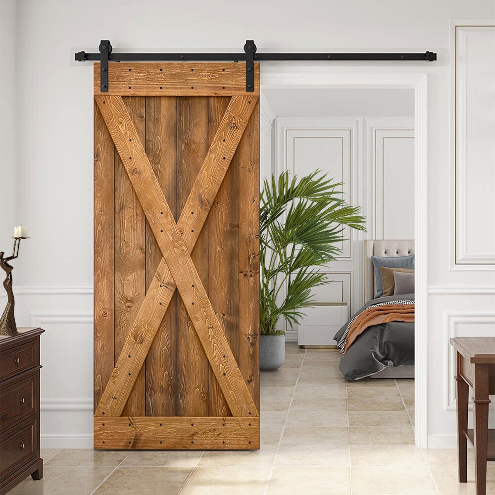 CALHOME 48-in x 84-in Walnut Knotty Pine Wood Single Barn Door ...