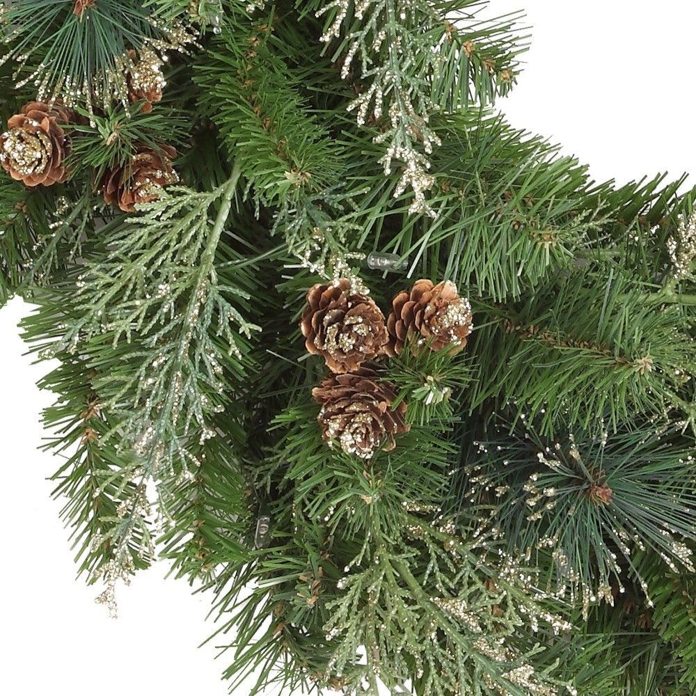 24 Inch Pre-Lit Pine Christmas Wreath with Pinecones and LED Lights