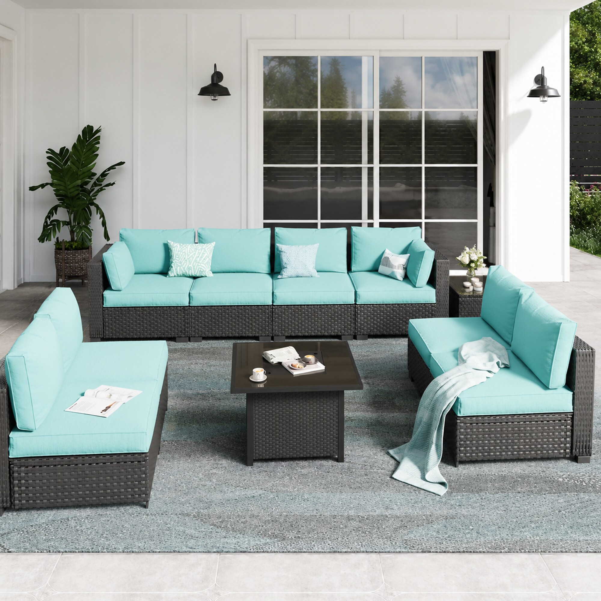 HYALON 9-Piece Wicker Outdoor Patio Conversation Sectional Seating Set with Middle Chairs and Green Cushions