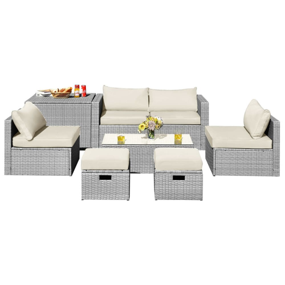 BABOOM BOM-0190ORTPX Garden Furniture Set 8 -Piece Rattan 2 Patio Sofa Conversation Set with Off-white Cushions