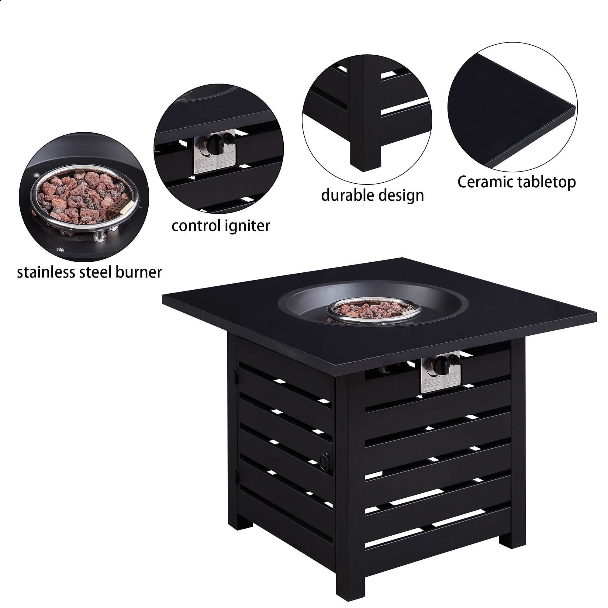 CASAINC Fire Pit Table 32-in W 40000-BTU Black Stainless Steel Square ...