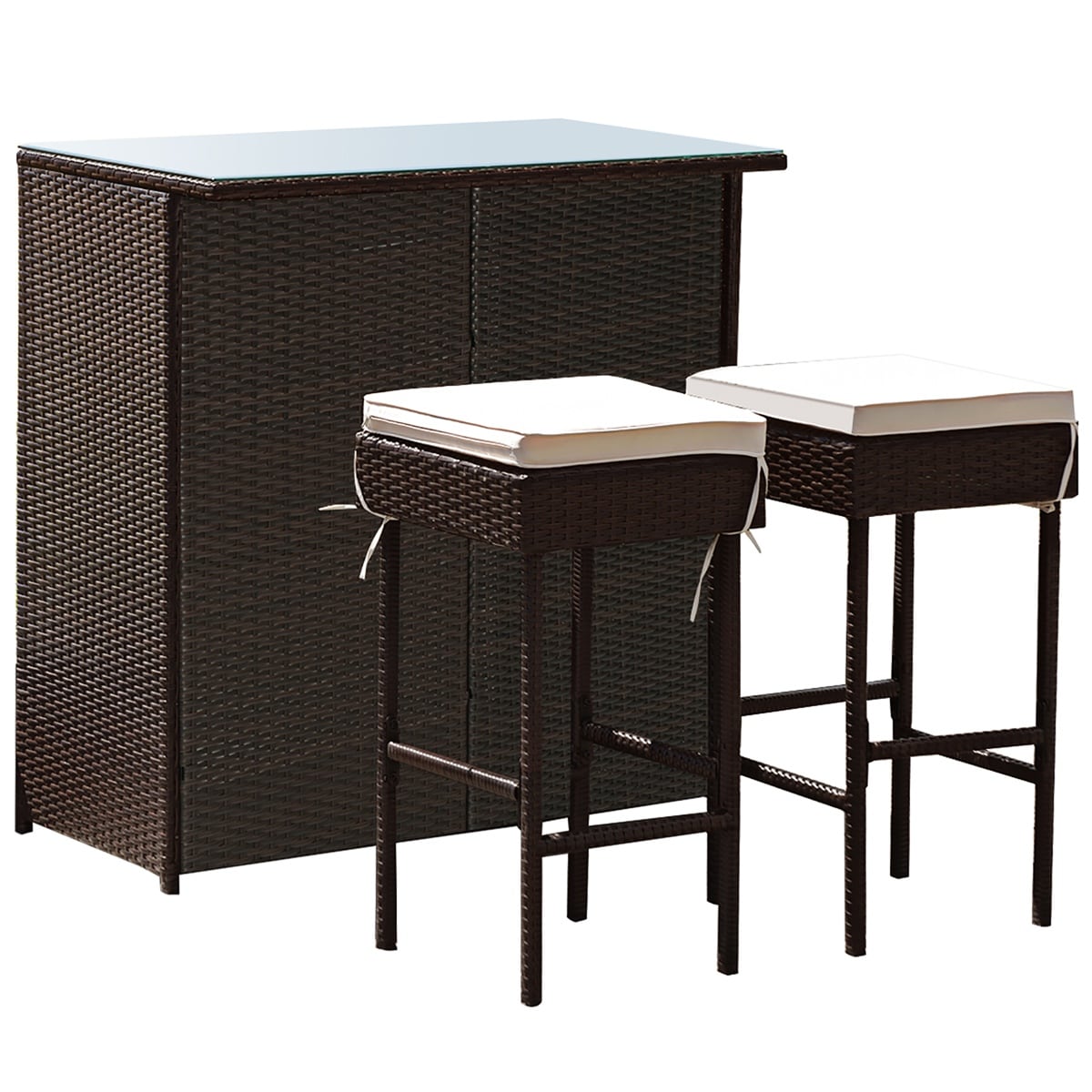 Costway HW52108 3PCS Patio Rattan Wicker Bar Table Stools Dining Set Cushioned Chairs Garden