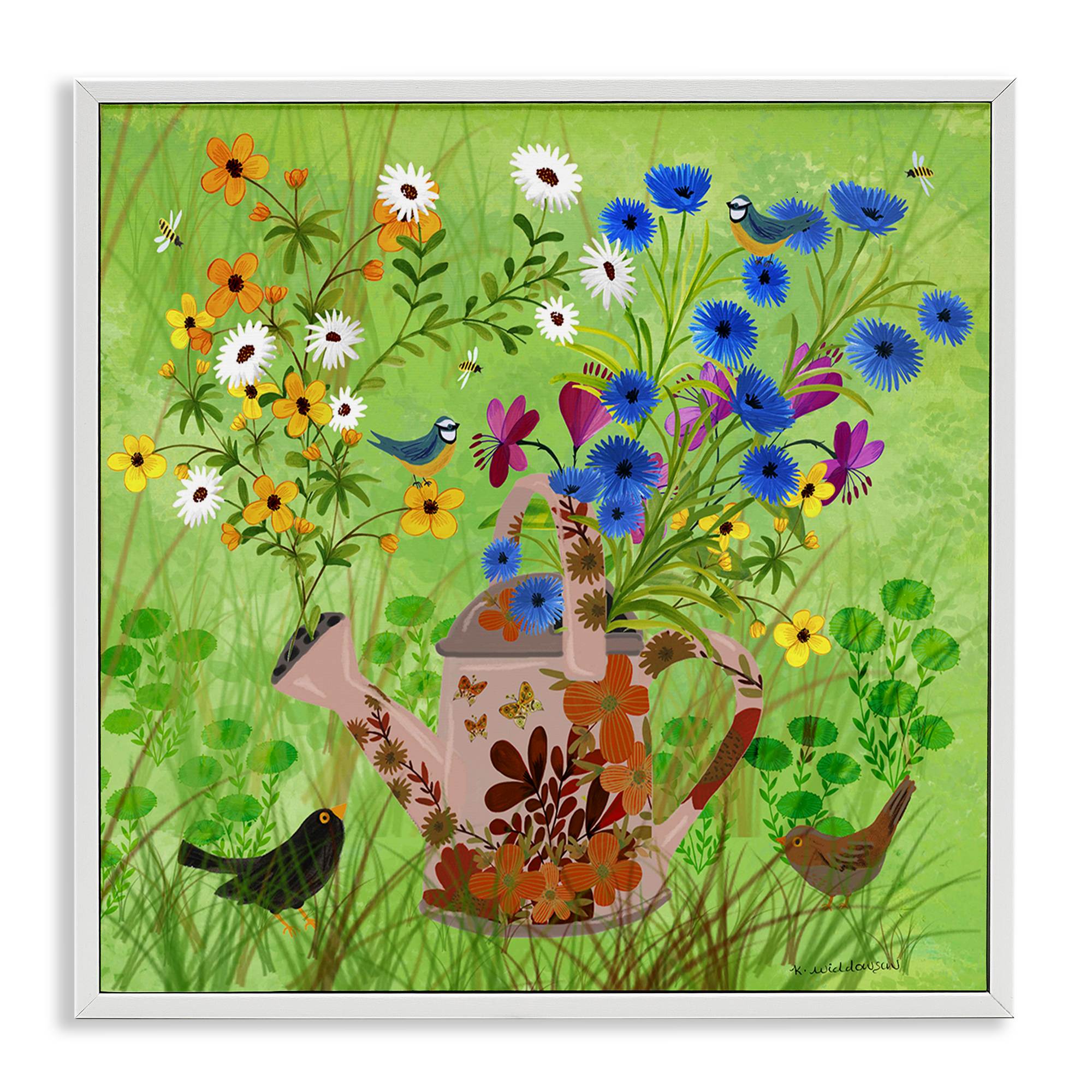 Stupell Industries BS-594-WFR-12X12 Bright Gardening Can and Birds White Framed Giclee Art By Kay Widdowson 12 x 12