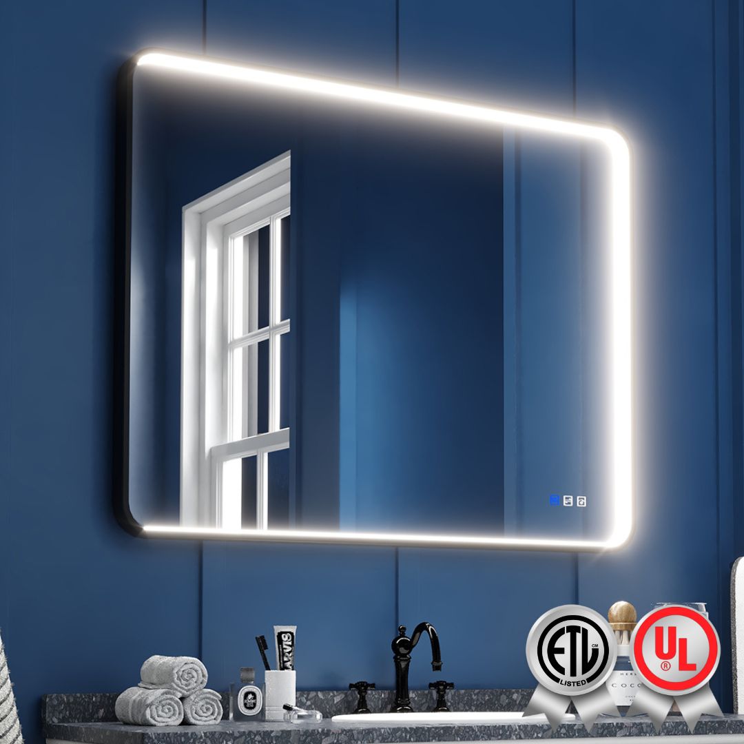 waterpar WPLO-2457 40-in x 32-in Framed Rectangle Dimmable LED Lighted Fog Free Bathroom Vanity Mirror ( Matte Black )