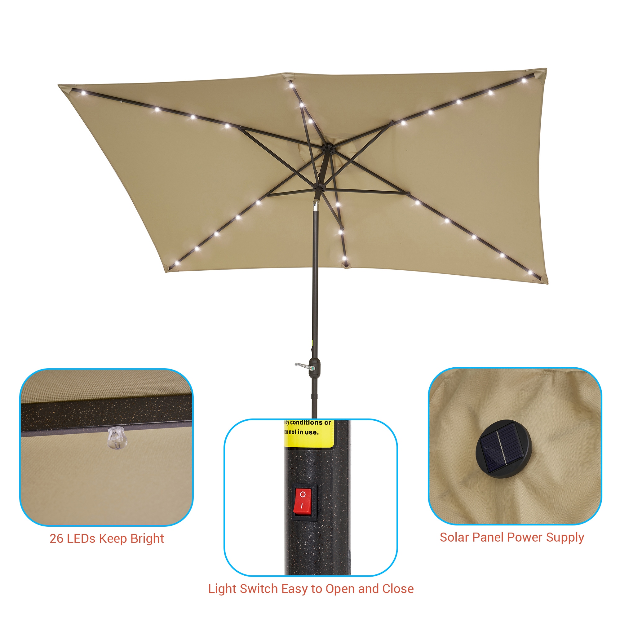 ACEGOSES 10-ft Aluminum Tan Push-button Tilt Market Patio Umbrella with Lights