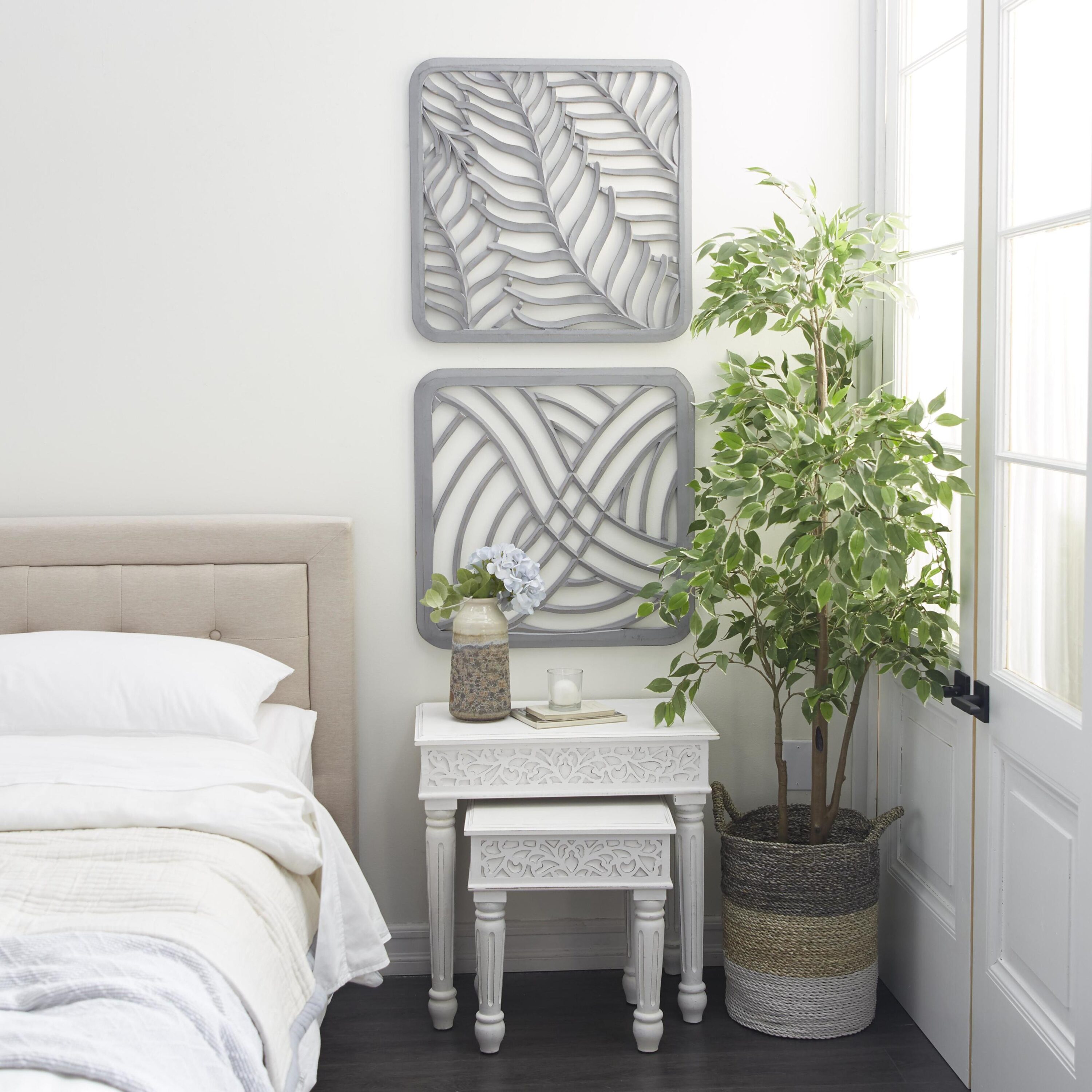 Gray Hand-Carved Abstract Wood Wall Panels, Set of 2