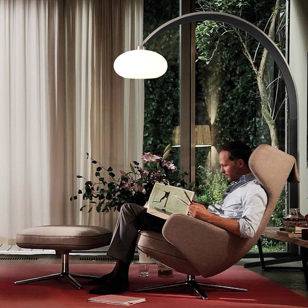 Vaulted 86" Satin Nickel and Black Arc Floor Lamp