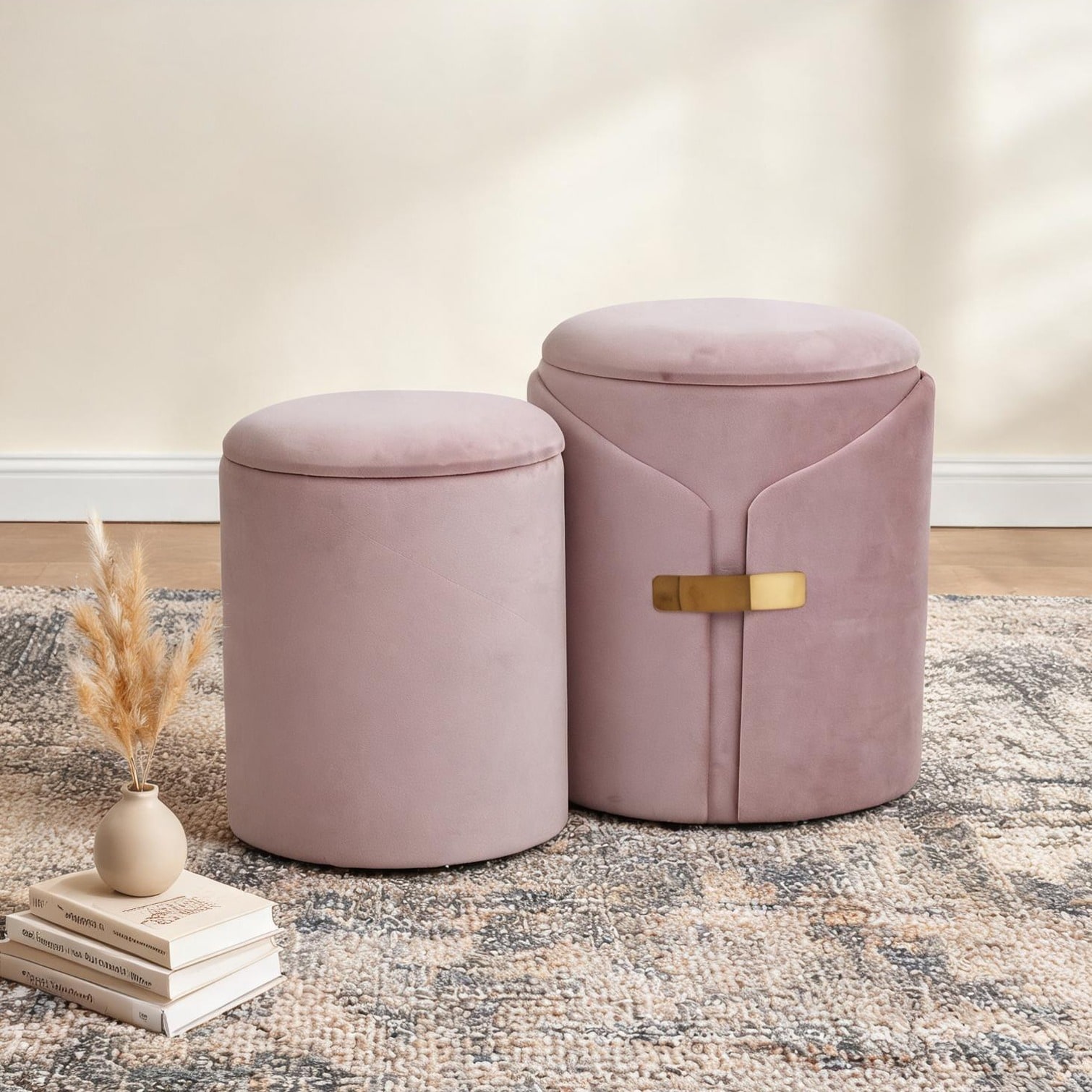 chillscreamni - Warm Pink Velvet Square Nesting Ottoman Set with Gold Accents Contemporary Storag...