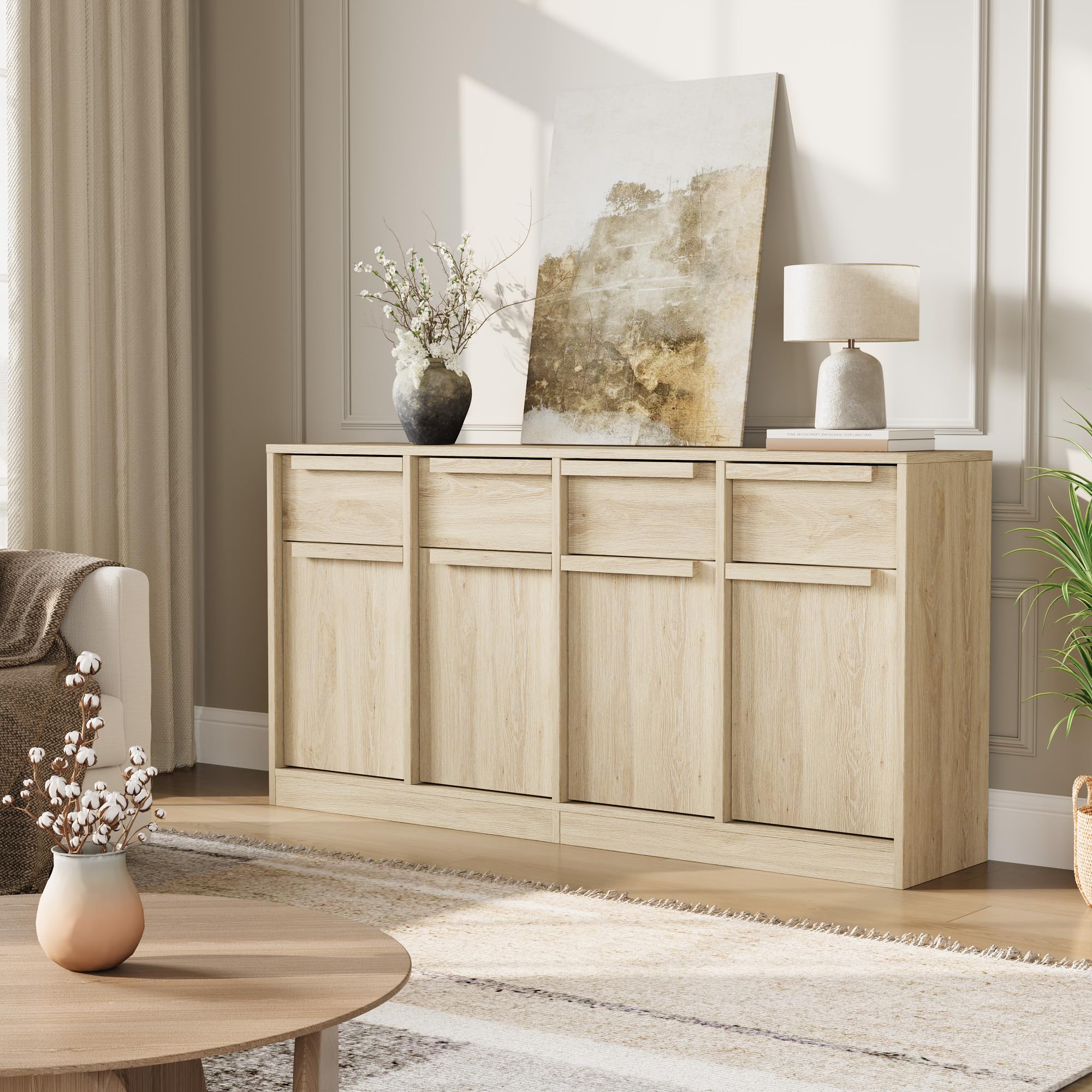 GarveeLife Buffet Cabinet with 4 Drawers and 4 Doors Large Sideboard Buffet Storage Cabinet with Shelves Modern Wood Storage Cabinet for Dining Room Natural