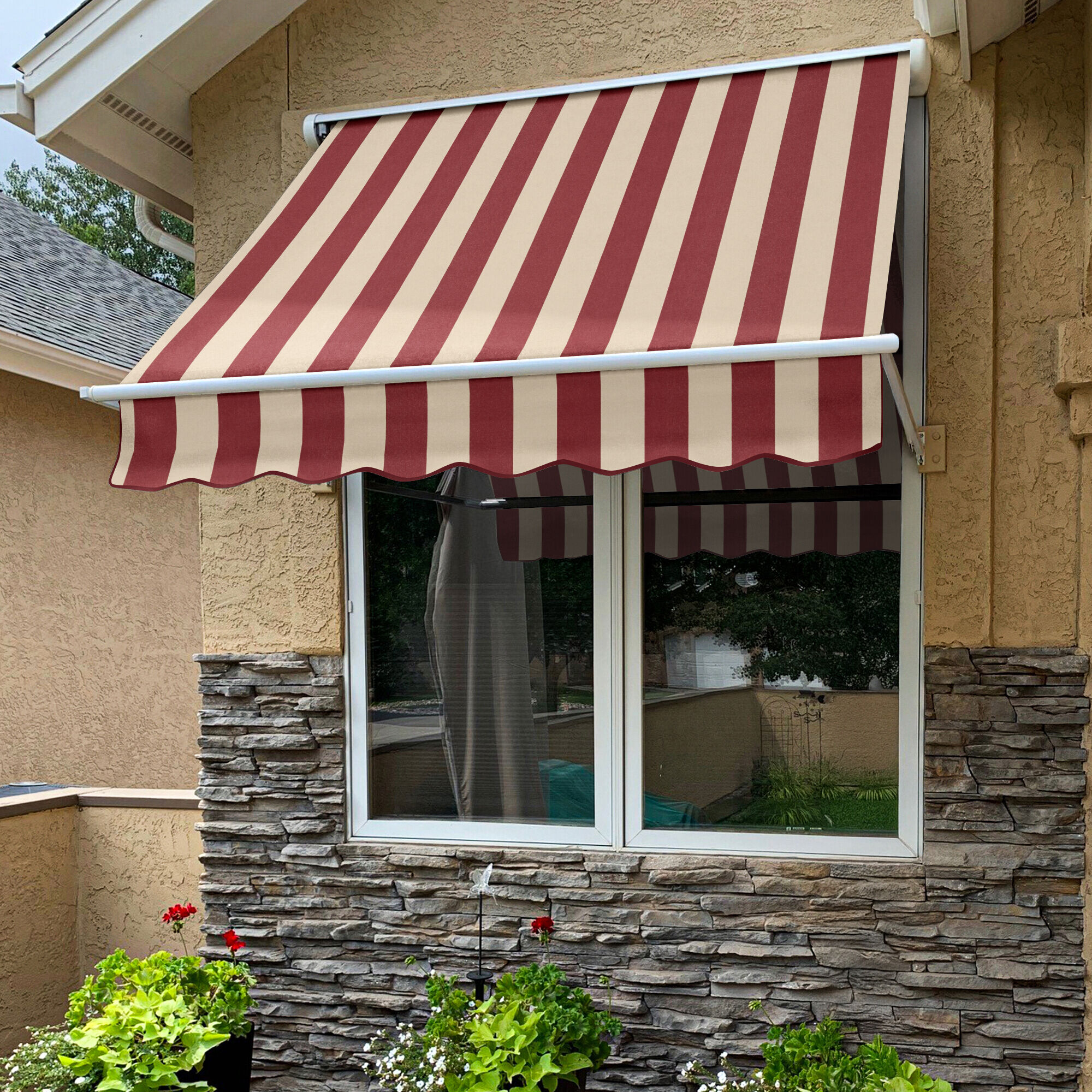 Awntech MS7-L-BT Mesa 88.5-in Wide x 24.0-in Projection x 24.0-in Height Fabric Burgundy/Tan Striped Manual Retractable Window/Door Awning