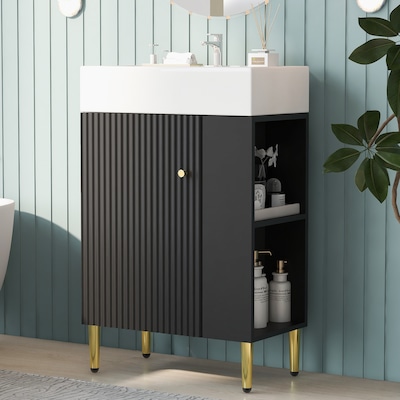 Clihome 21.6" Wood Bathroom vanity with Single Ceramic Sink 21-in Brown Single Sink Bathroom Vanity with White Ceramic Top