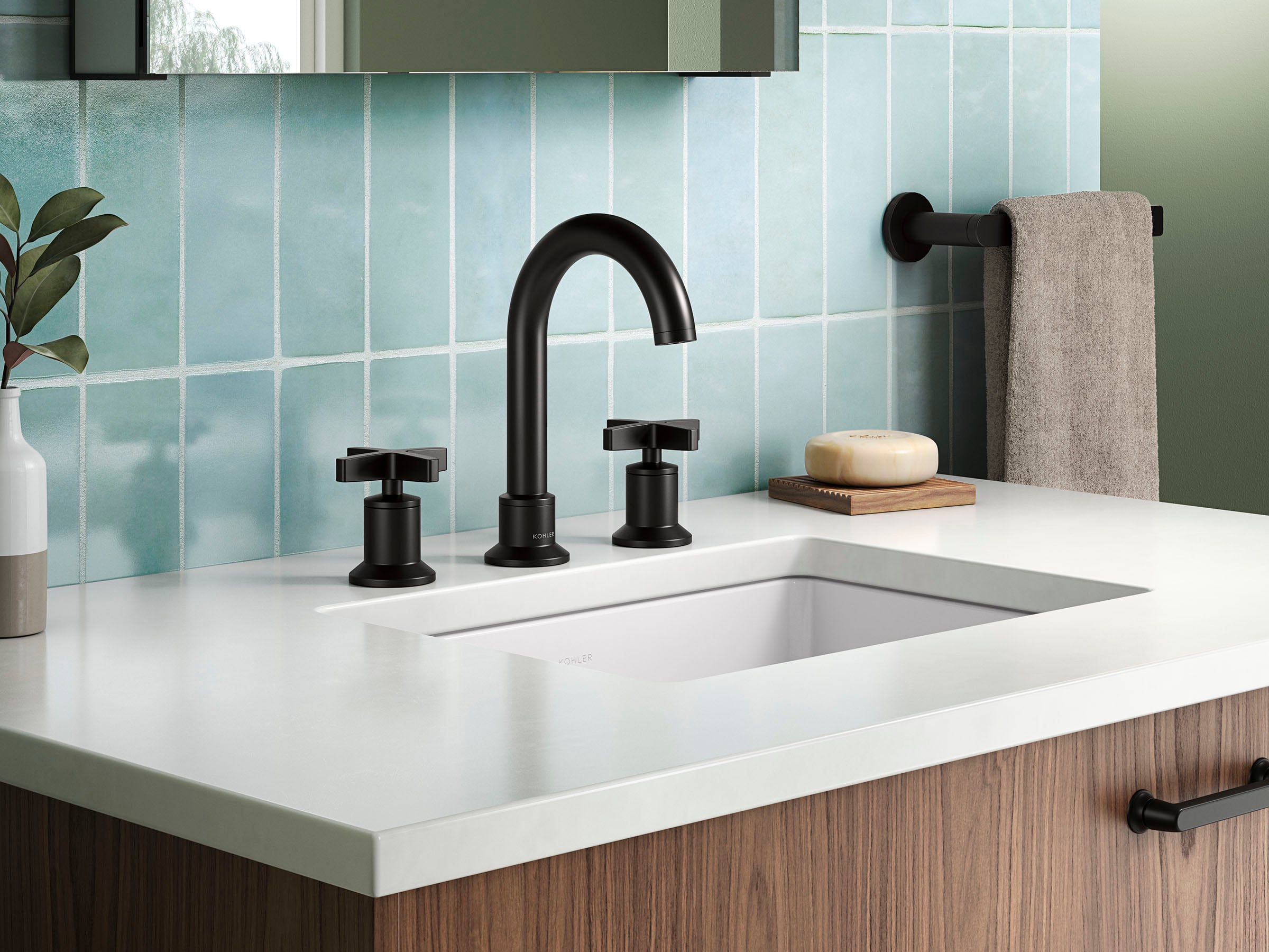 KOHLER R28733-3D-BL Premise Matte Black Widespread 2-handle WaterSense Mid-arc Residential Handle Bathroom Sink Faucet with Drain