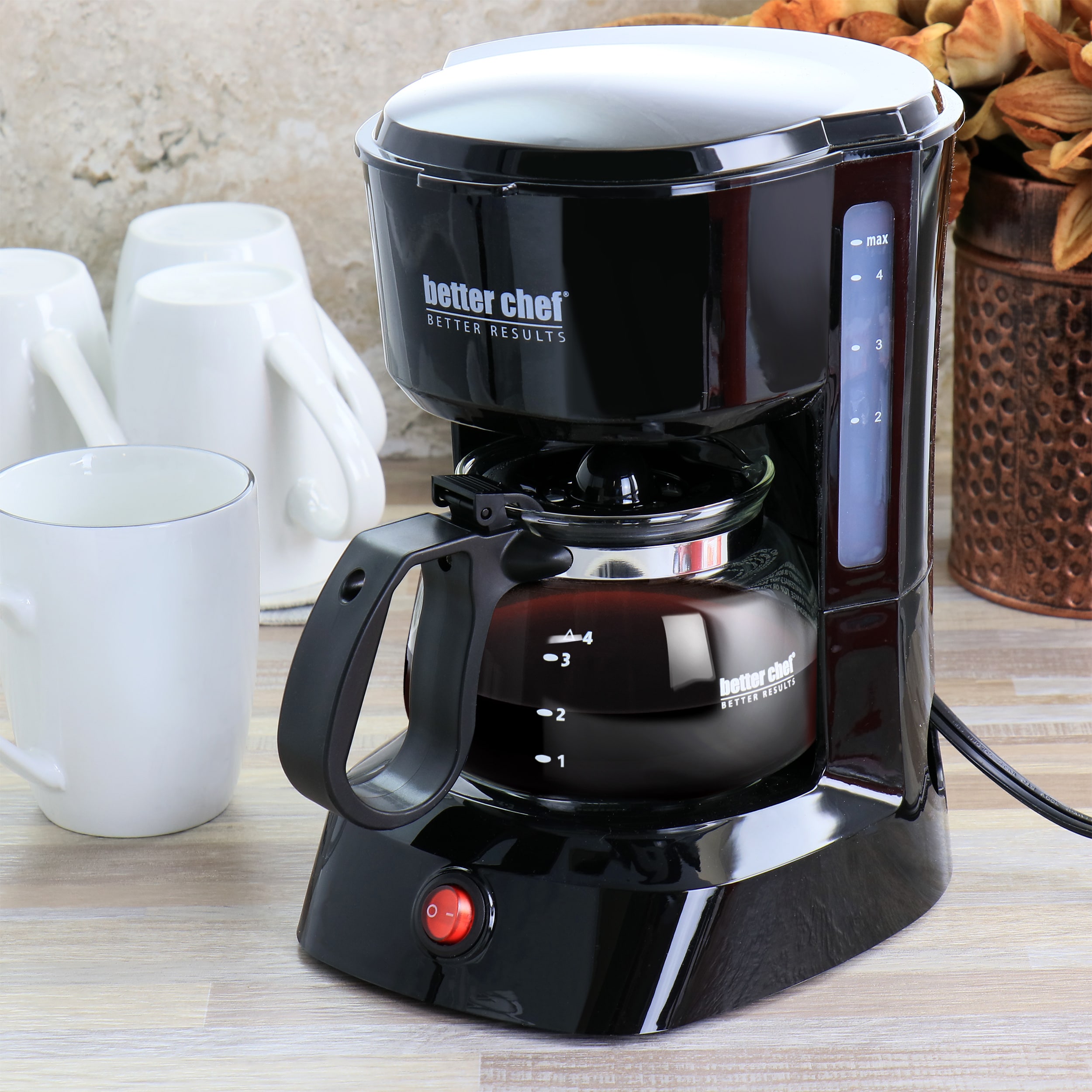 Better Chef Basic Coffee Maker | 4-Cup | Pause-N-Serve | Carafe Warmer |  Reservoir Window (Black)