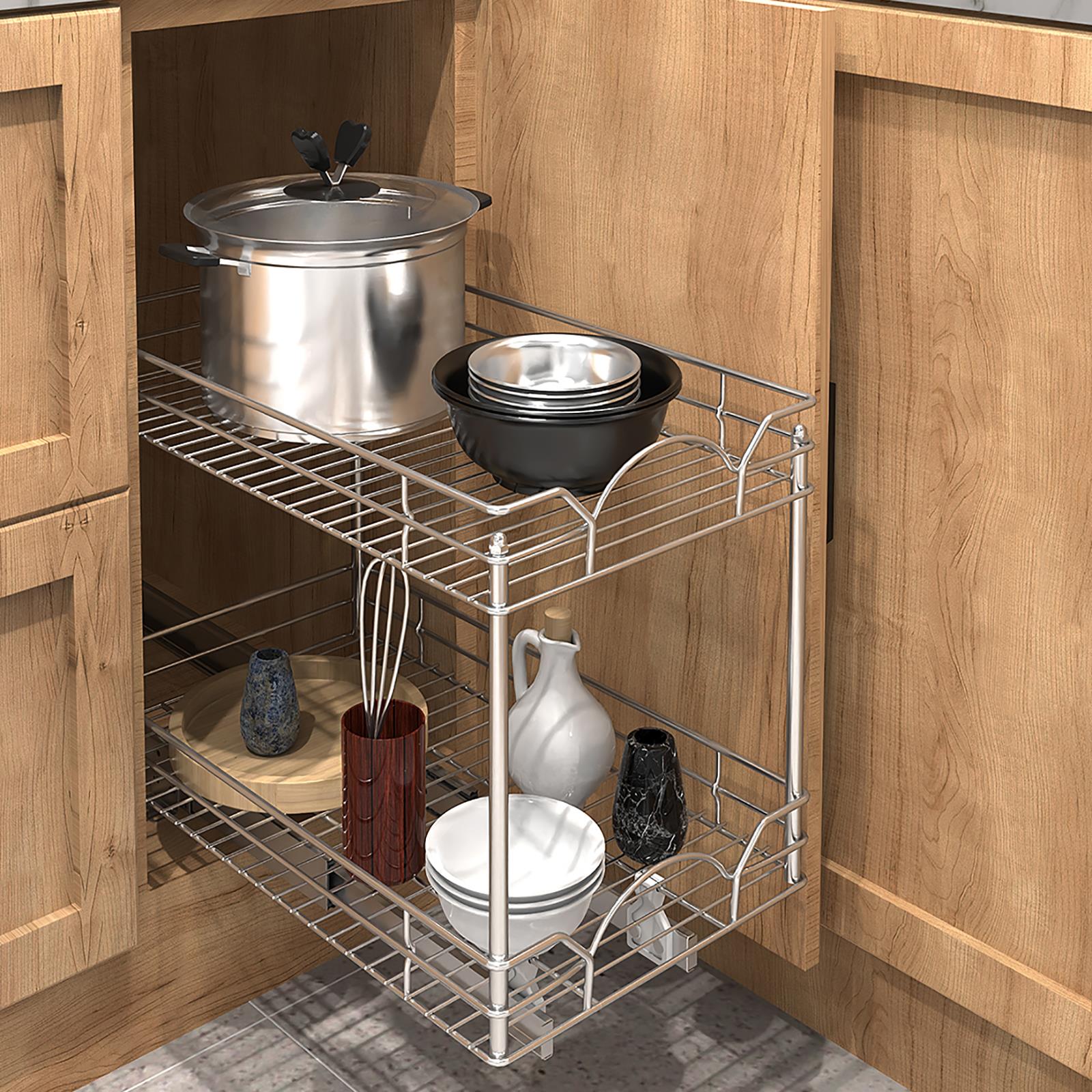 Simple Houseware 2-Tier (L+L) Organizer Pull Out Under Cabinet Sliding Shelf,  Chrome 
