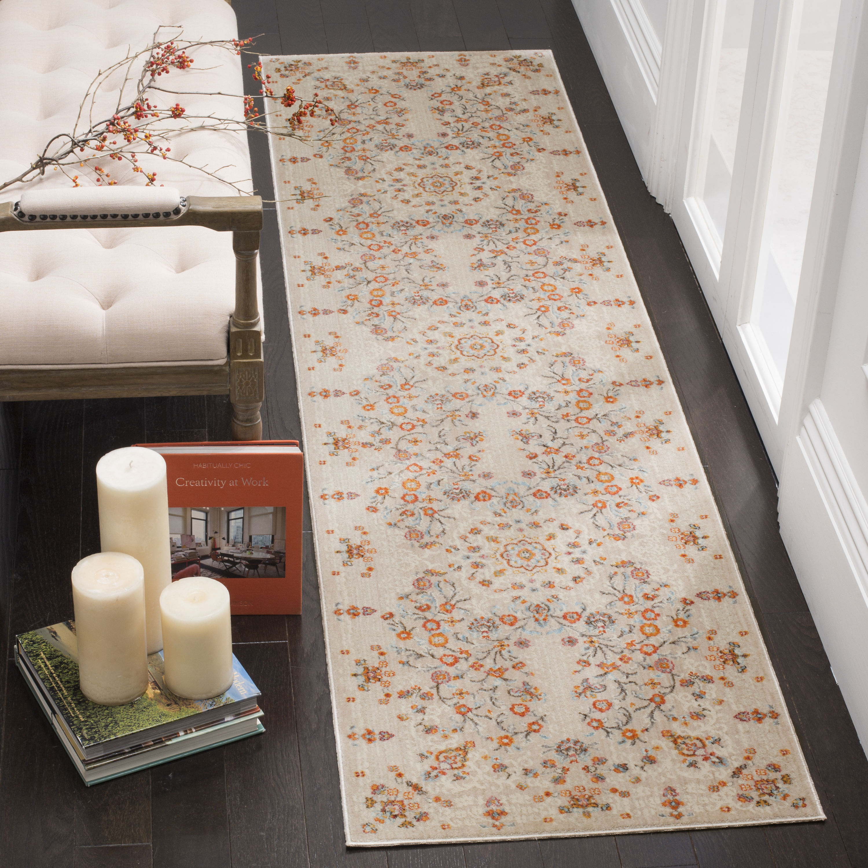 Gray and Beige Floral Motif Synthetic Runner Rug