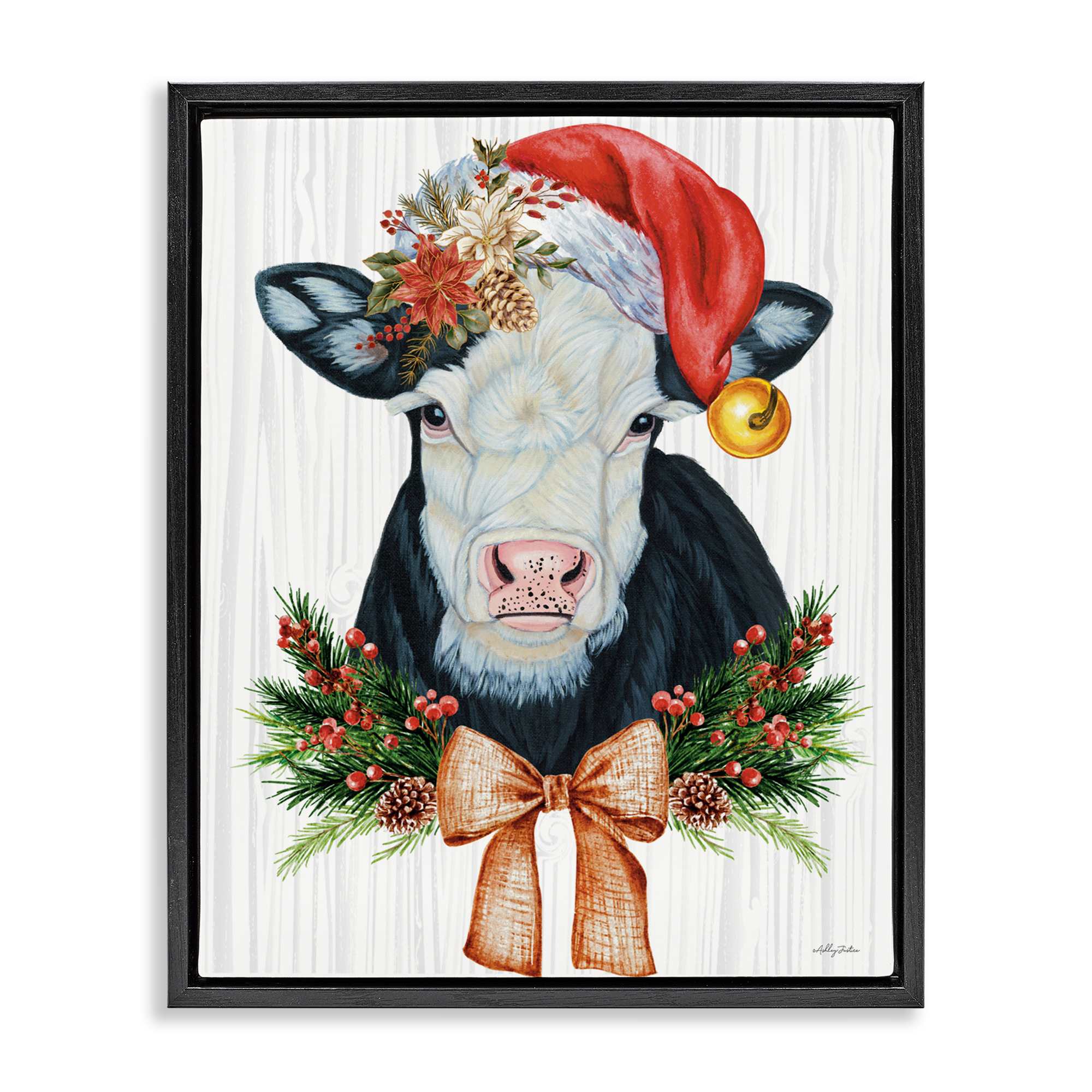 Stupell Industries BT-519-FFB-16X20 Festive Cow in Christmas Hat Black Framed Floater Canvas Wall Art By Ashley Justice 17 x 21