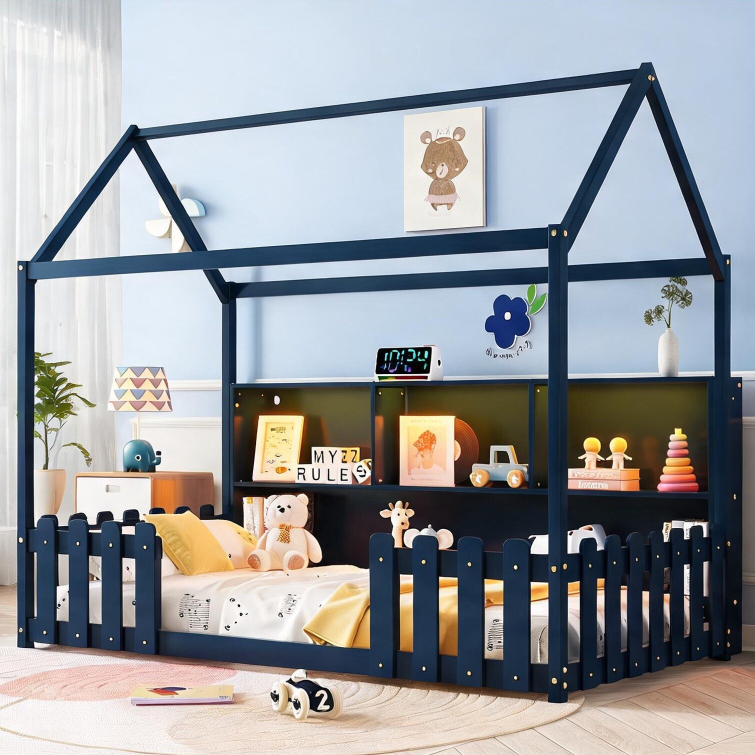 SunJet Rich Blue Pine Twin House Bed with Storage and LED Low-Profile ...