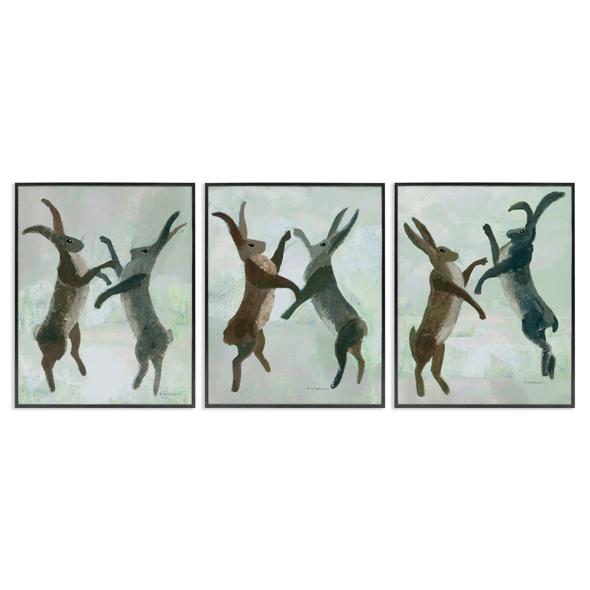 Stupell Industries A3-462-FR-3PC-11X14 Battling Hares in Neutral Tones 3pc Framed Giclee Set design by Kay Widdowson