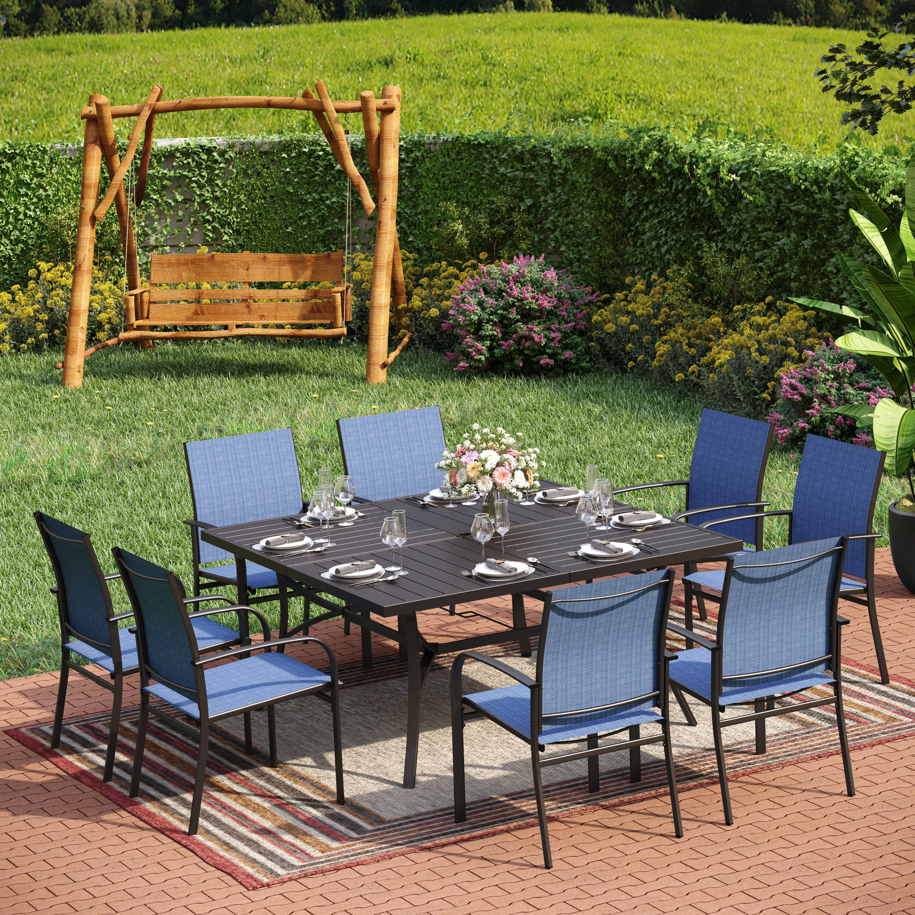Sunshine Valley TC9-153B-452 9 -Piece Black Patio Dining Set Steel Square Table with 8 Blue Stationary Chairs