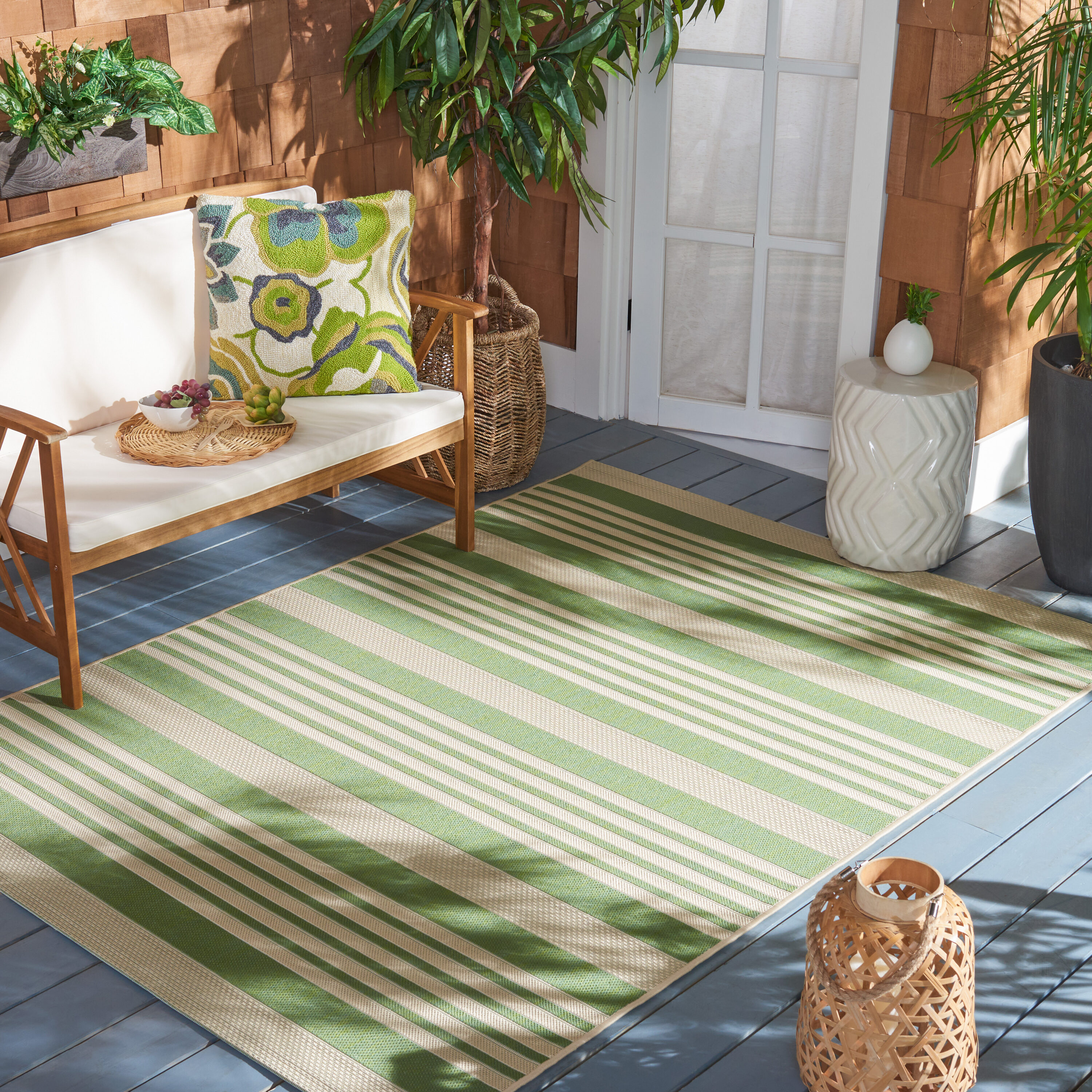 Safavieh CY6062-244-2 Courtyard 2 x 4 (ft) Loomed Synthetic Green/Beige Rectangular Indoor/Outdoor Stripe Area rug