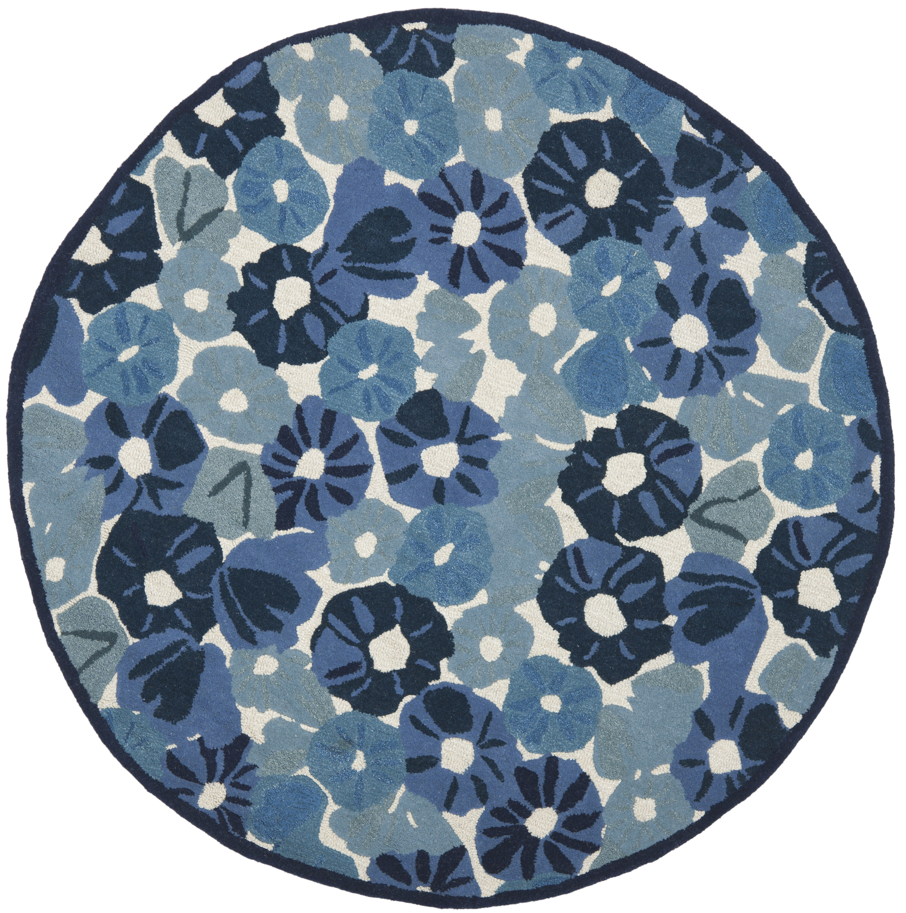 Azurite Blue 6' Round Hand-Knotted Wool Floral Rug
