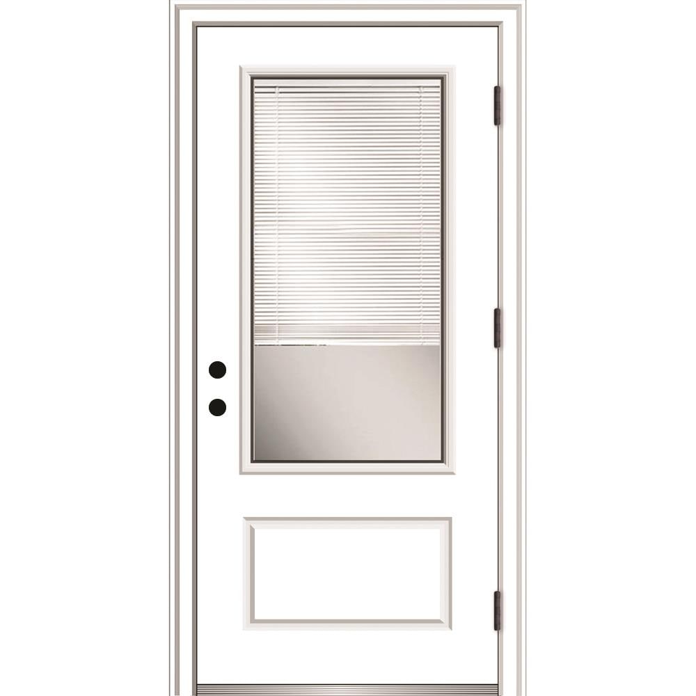 MMI DOOR ZZ364901L 36-in x 80-in x 6-9/16-in Fiberglass 3/4 lite Left-hand outswing Primed Prehung Front Door with Brickmould Insulating core with Blinds