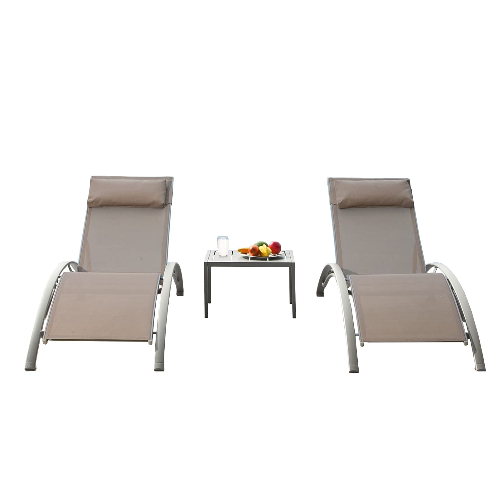 Flynama J-V-859109833 Set of 2 Stackable Gray Aluminum Frame Stationary Chaise Lounge Chair with Tan Sling Seat