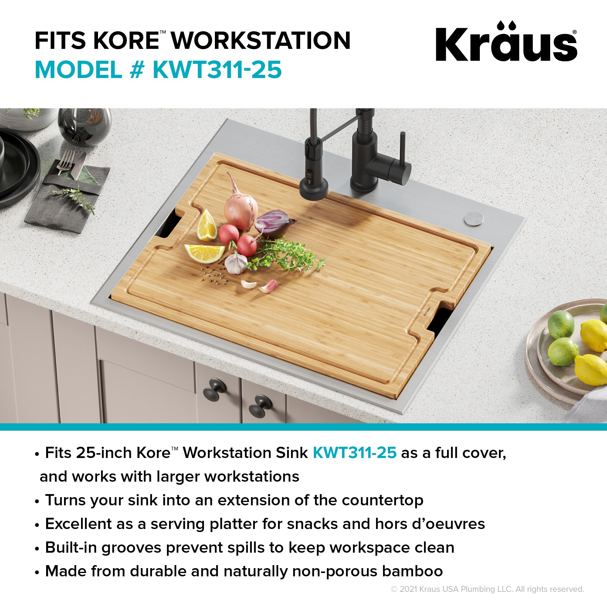 Kraus Organic Solid Bamboo Cutting Board for Kitchen Sink, 18.5 x 12