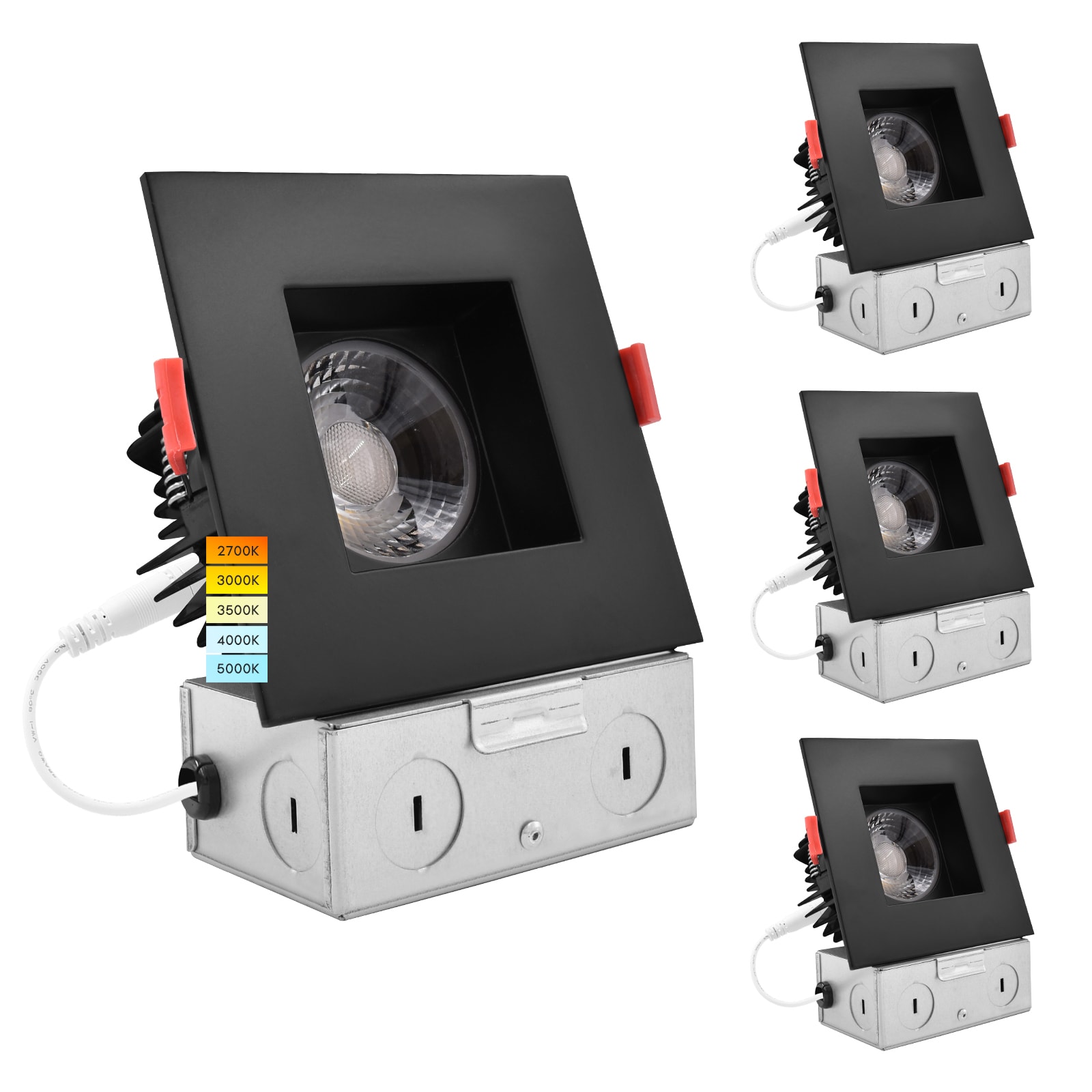 Luxrite LR24950 LR24958-4PK Black 4-in 1100 -Lumens Switchable white Square Dimmable LED Canless Damp rated Recessed Downlight 4 -Pack