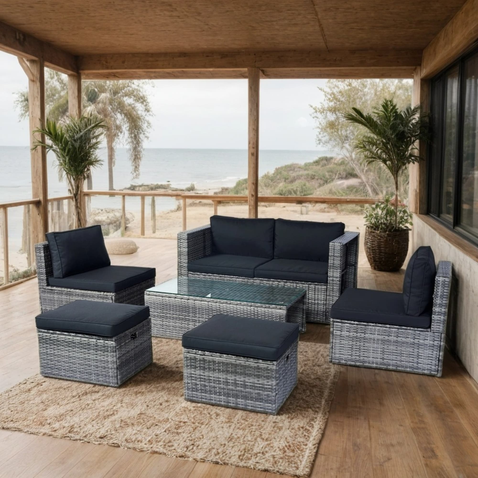 LOVMOR SF-R-W329S00054 6 Piece Patio Wicker Sectional Set Patio Backyard Conversation Set Space Saving Grey Wicker and Black Cushion