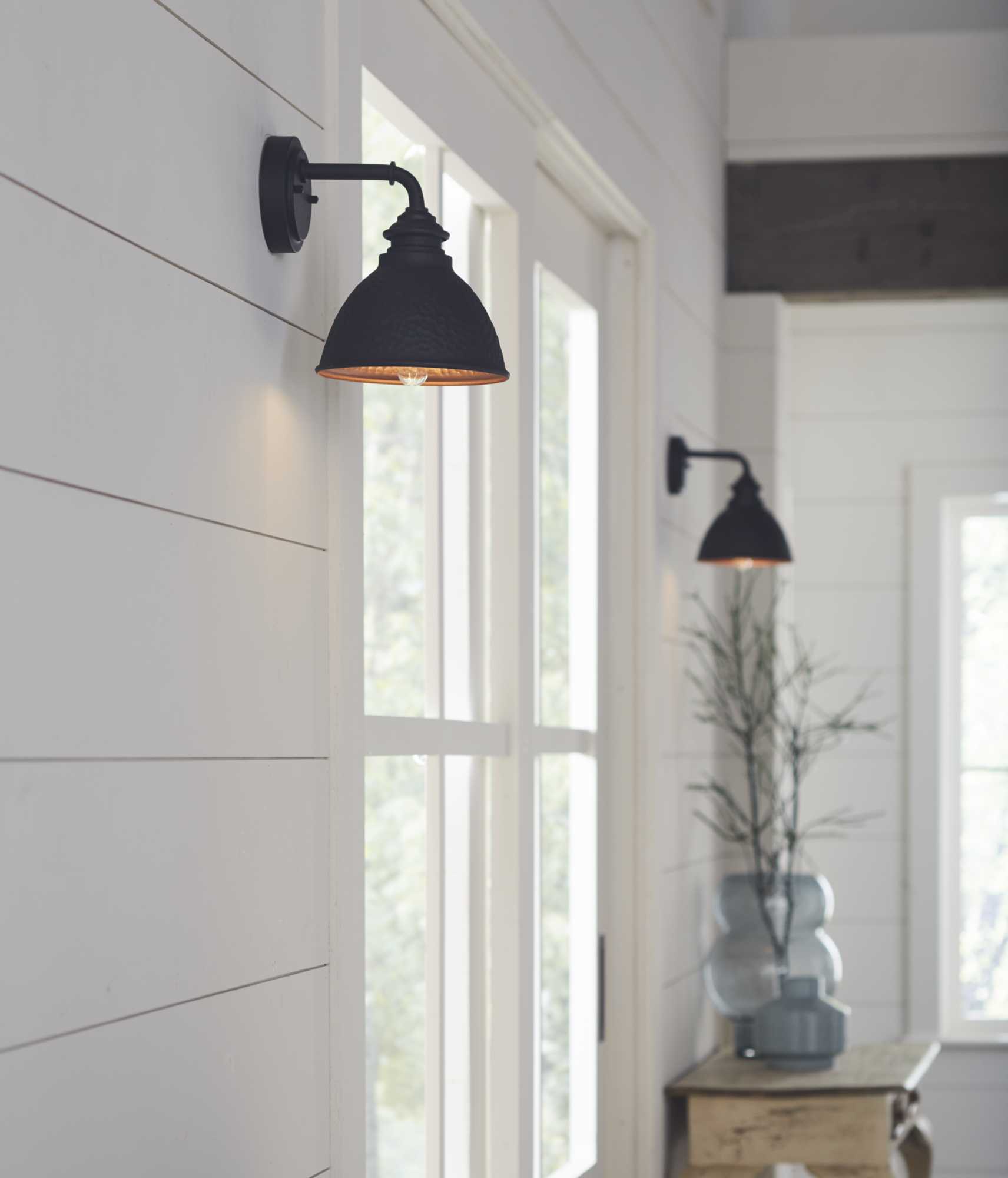 Modern Englewood 8'' Black Steel Wall Lantern with Copper Accents