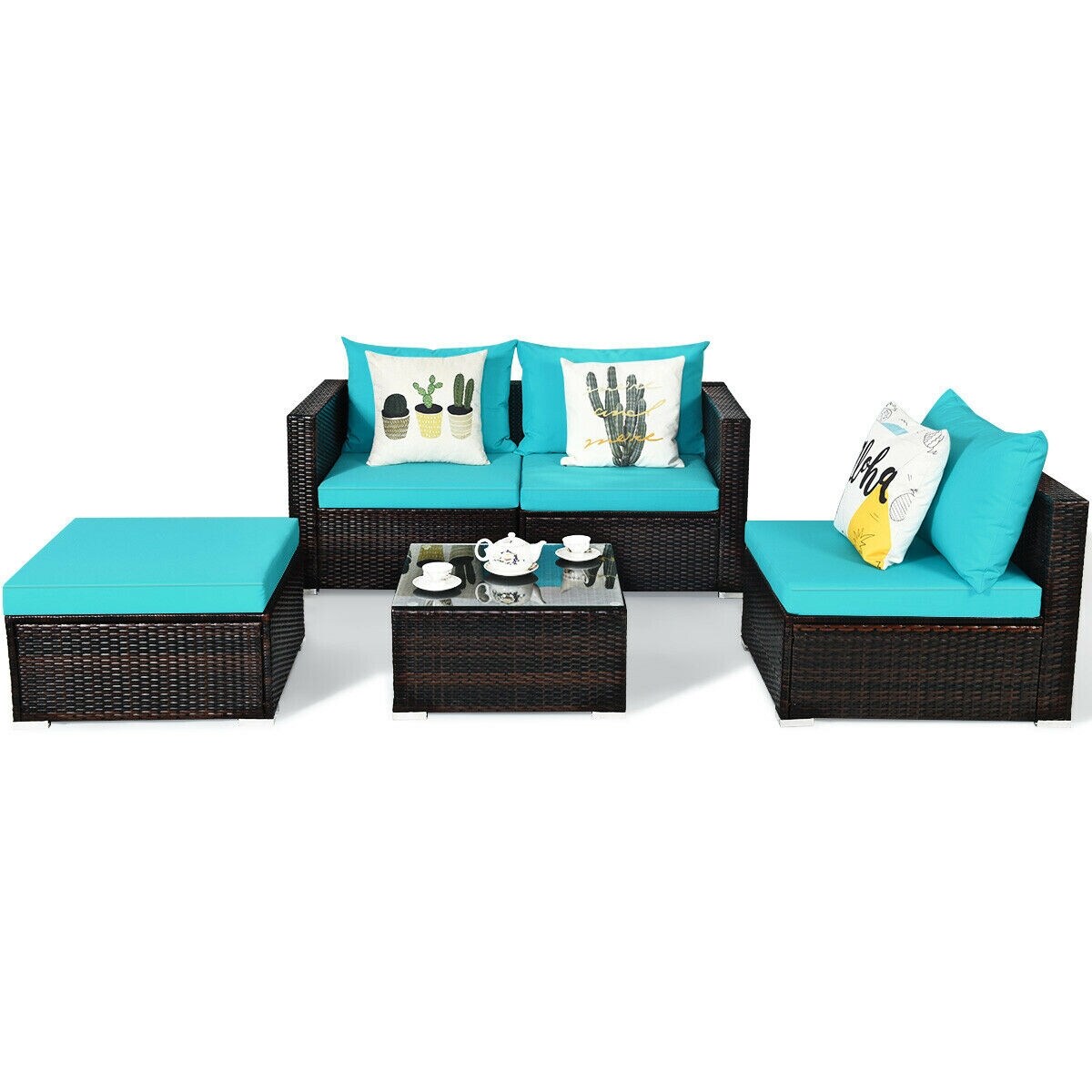 Slickblue D-CO-+UTB96776WH 5-Piece Patio Rattan Sectional Set with Brown Frame and Navy/ Red/ Turquoise Cushions Including 1 Corner Sofa 1 Armless Sofa 1 Ottoman and 1 Tempered Glass Coffee Table for Patios Gardens or Indoor Spaces