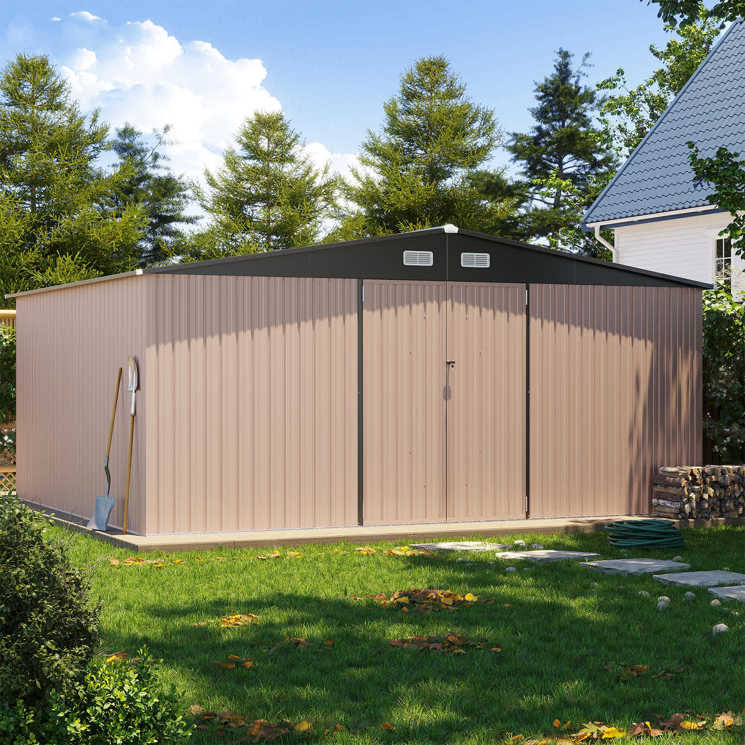 Sunmthink MSD1214-0707BR 12-ftx14ft Outdoor Storage Shed with Double Hinged Lockable Door Utility Garden Shed with Sloped Roof Metal Tool Shed for Backyard Garden Patio