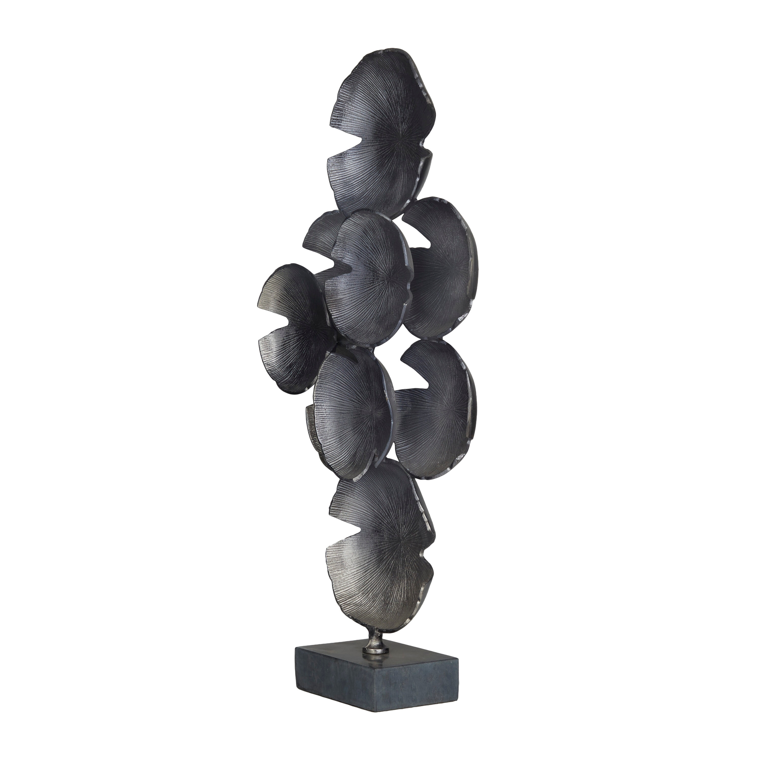 Gray Aluminum Layered Disk Abstract Sculpture with Black Base