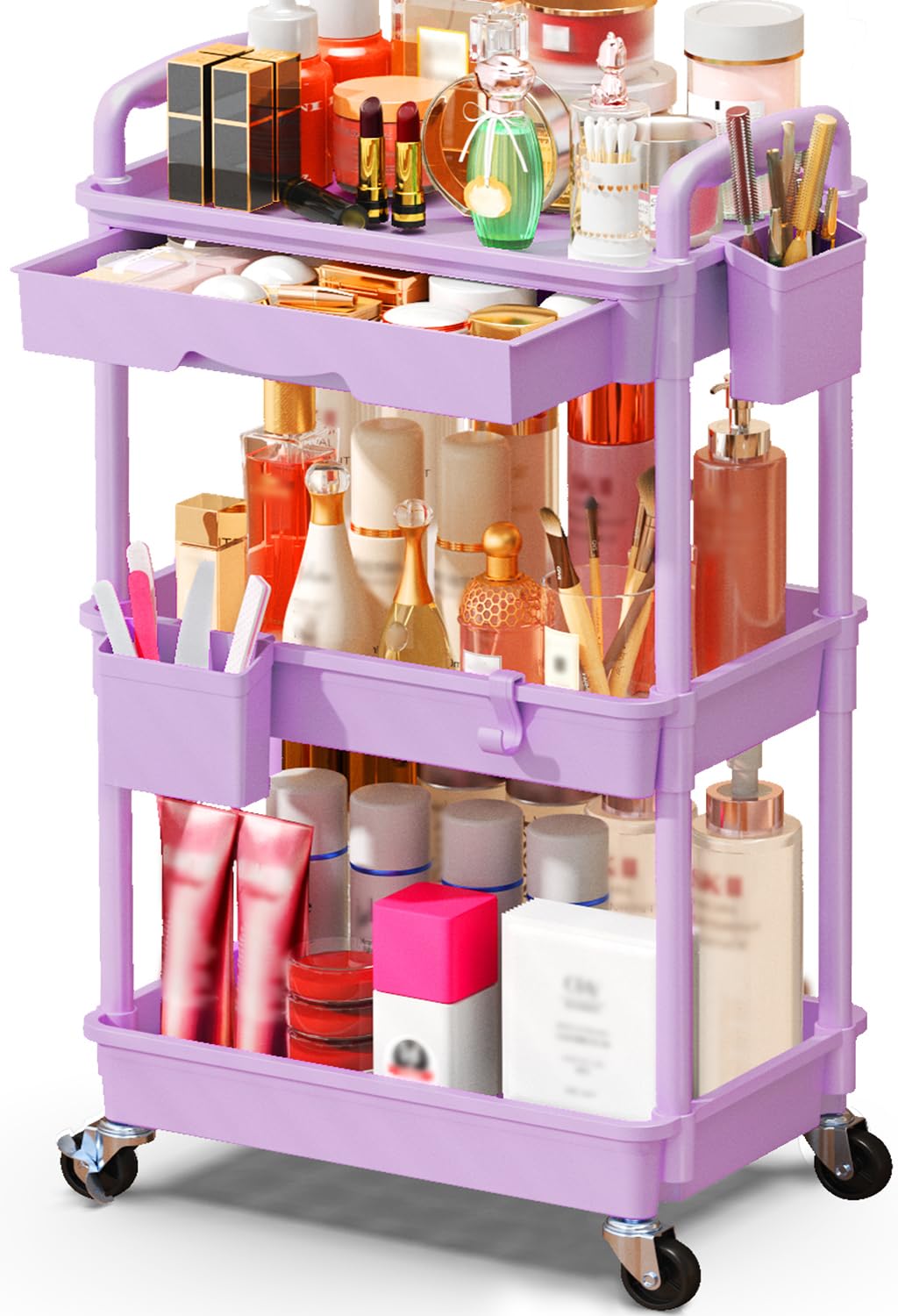 SPACELEAD 3-Tier Rolling Storage Cart with Drawer and Lockable Wheels - Splits into Floor or Countertop Organizer for Bathroom Vanity Bedroom or Office