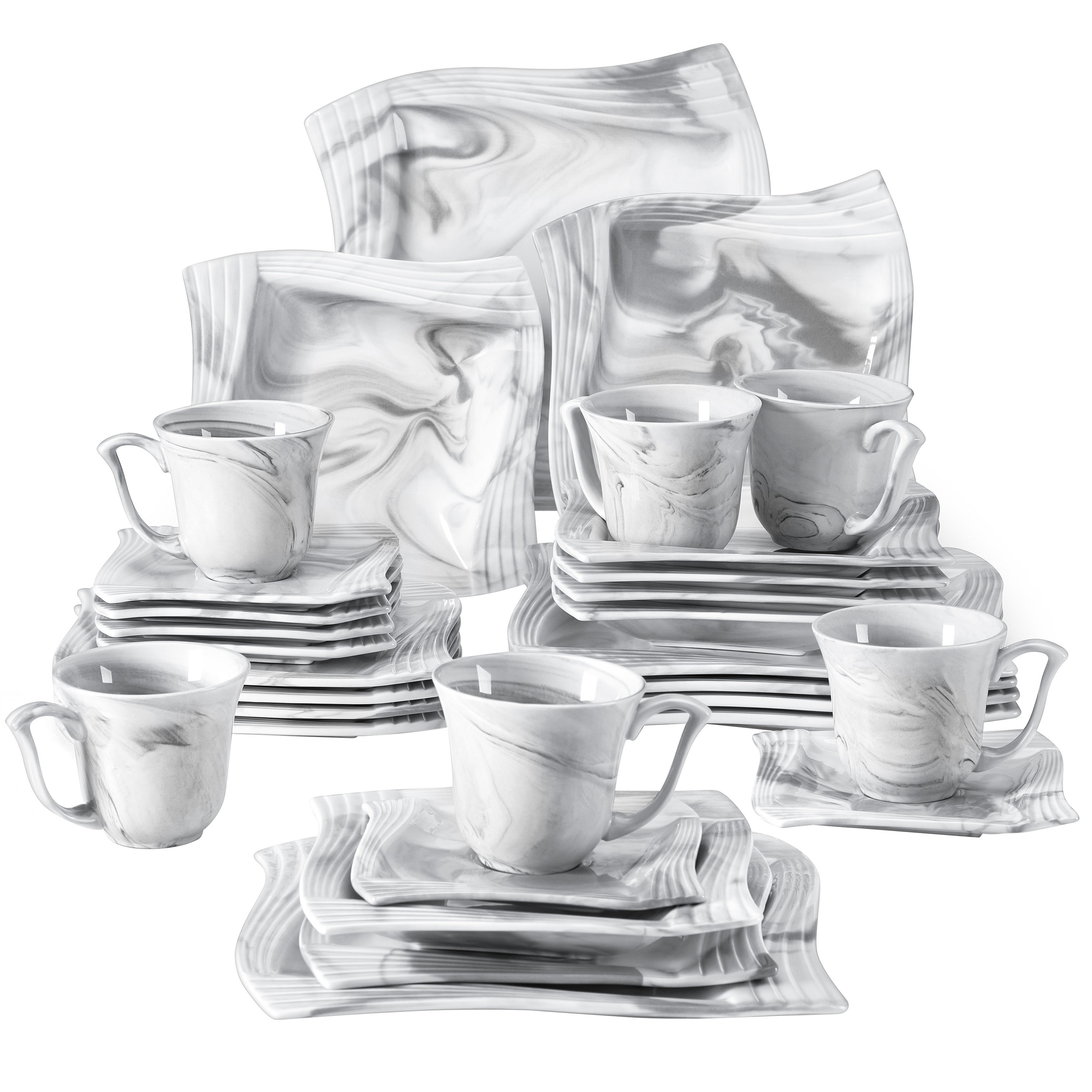 MALACASA Blance 30-Piece Porcelain Marble Grey Dinnerware Set