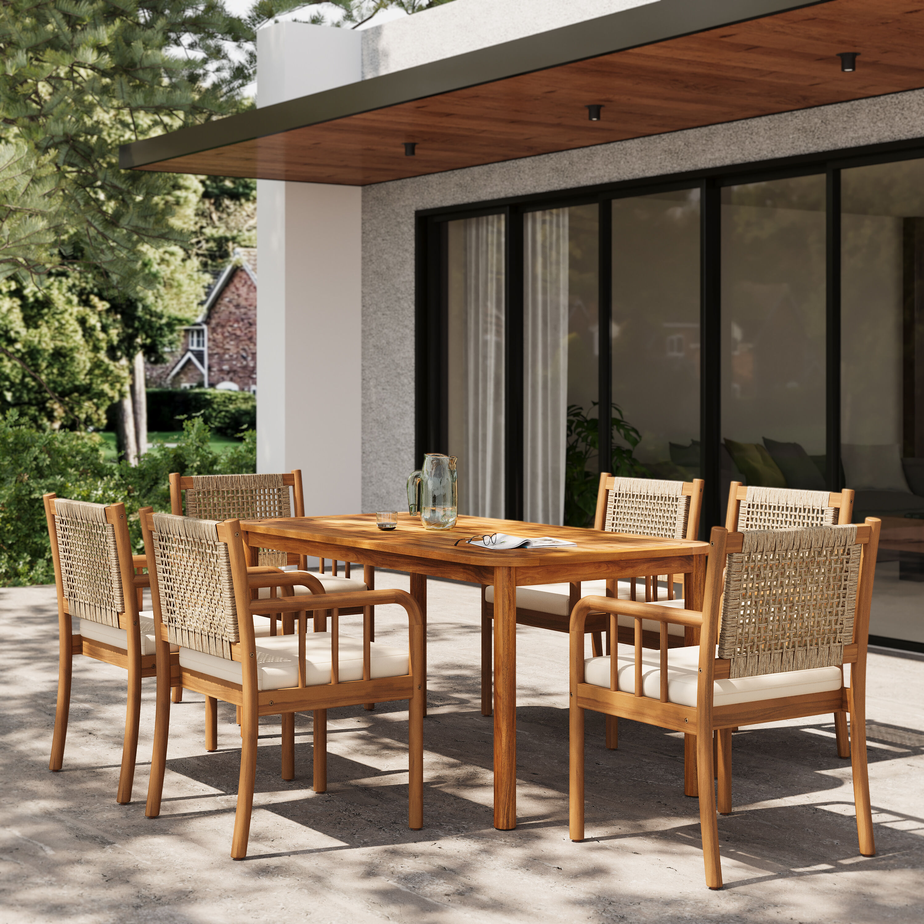 Christopher Knight Home Porto Outdoor Acacia Wood 7-Piece Dining Set with Rattan Back Chairs and 66.25-in Solid Wood Dining Table - Cream+Light Brown+Teak Finish