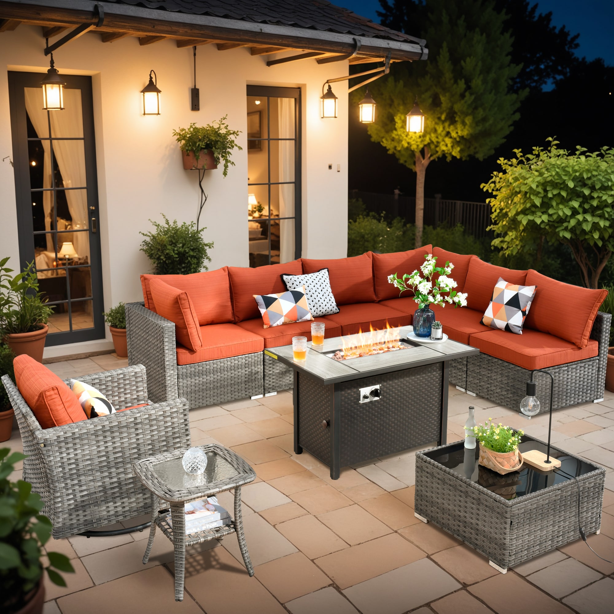 XIZZI XIHOPS805-RC1IFP Sunrise 10-Piece Rattan Patio Sofa Conversation Set with Orange Cushions